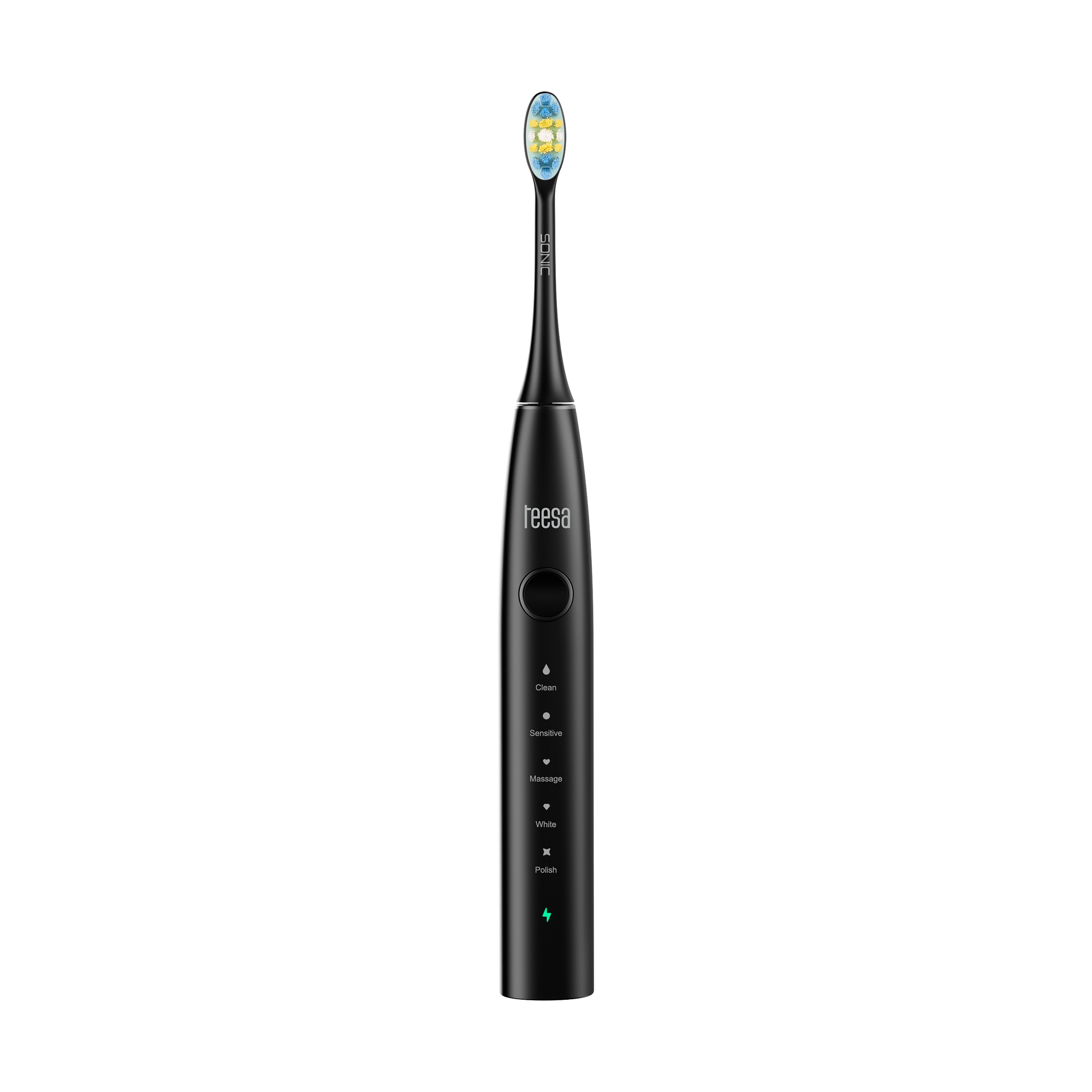 Czarna elektryczna szczoteczka do zębów z niebieskim i żółtym włosiem. Posiada przycisk zasilania i wskaźniki trybu. Marka 'teesa'.