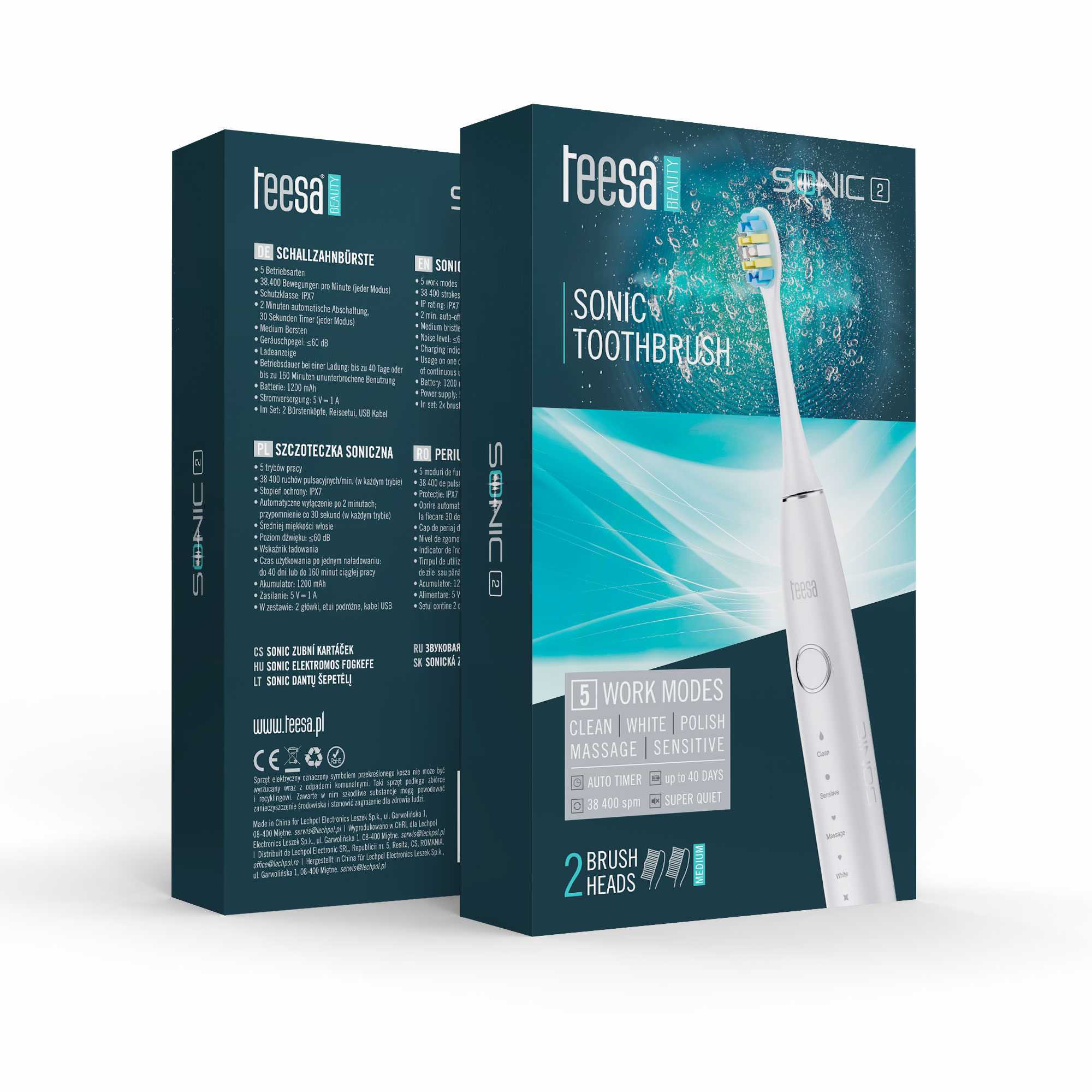 Biała szczoteczka elektryczna z niebiesko-żółtą główką na pudełku z tekstem o jej funkcjach.