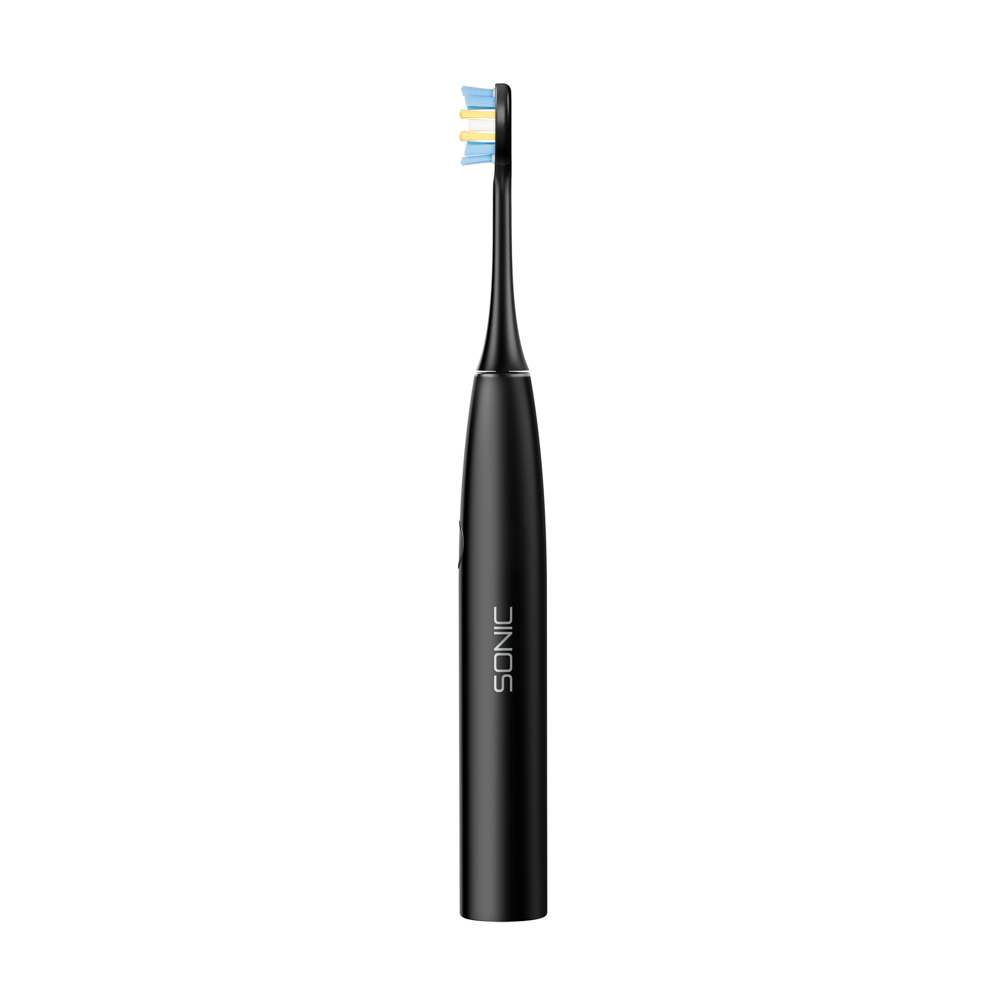 Czarna elektryczna szczoteczka do zębów Sonic. Niebieskie, żółte i białe włosie. Szare tło z czarnym wierzchem.