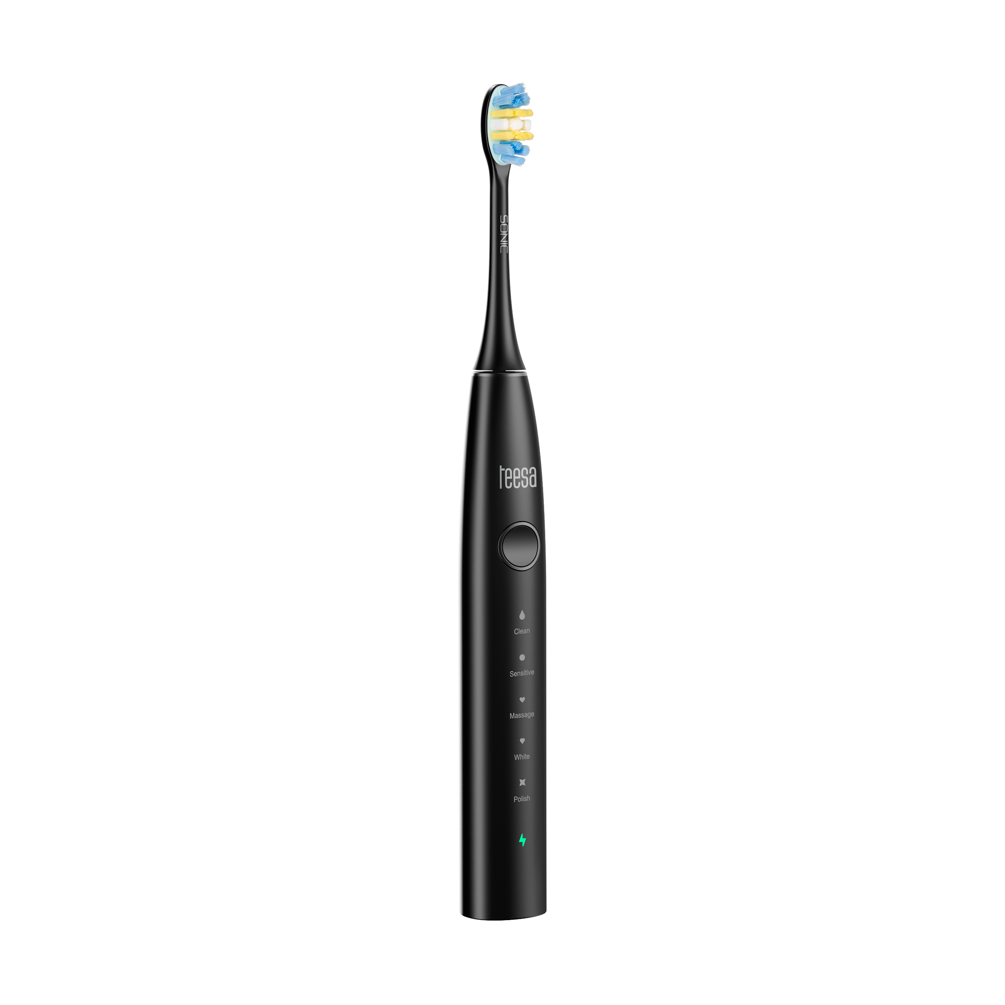 Czarna elektryczna szczoteczka do zębów z białą, żółtą i niebieską główką. Posiada ustawienia czyszczenia, wrażliwości, masażu, wybielania i polerowania.