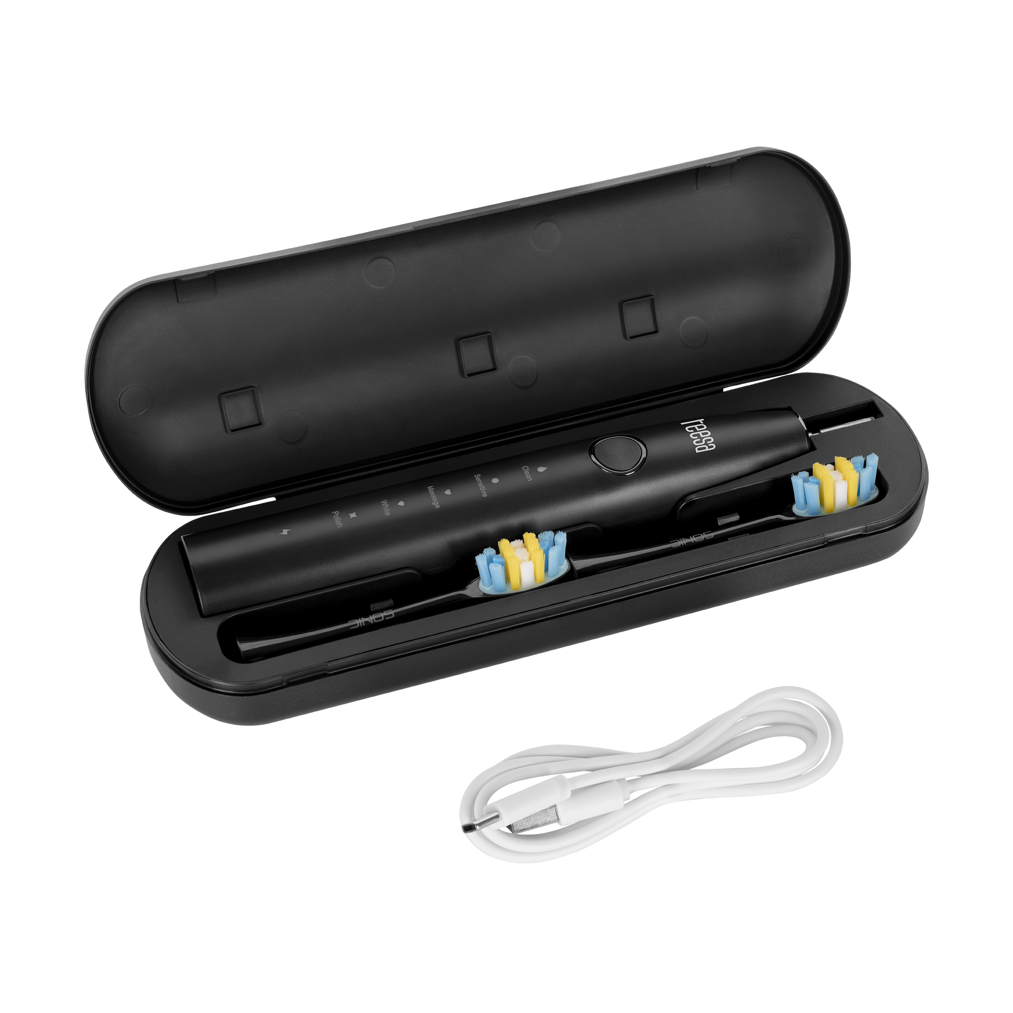 Czarna elektryczna szczoteczka do zębów w otwartym etui z dwiema główkami i białym kablem ładującym na jasnoszarym tle.