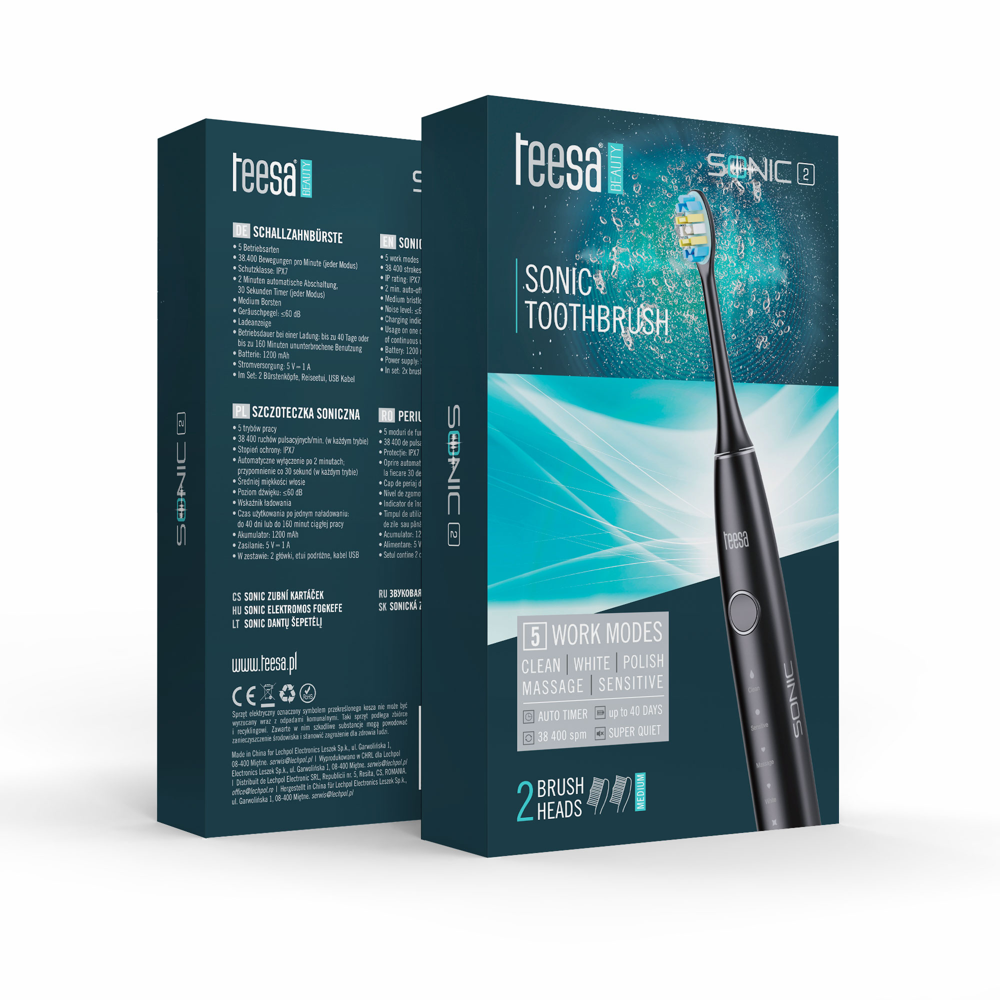 Czarna elektryczna szczoteczka do zębów w pudełku. Pudełko ma białe tło i informacje o produkcie.