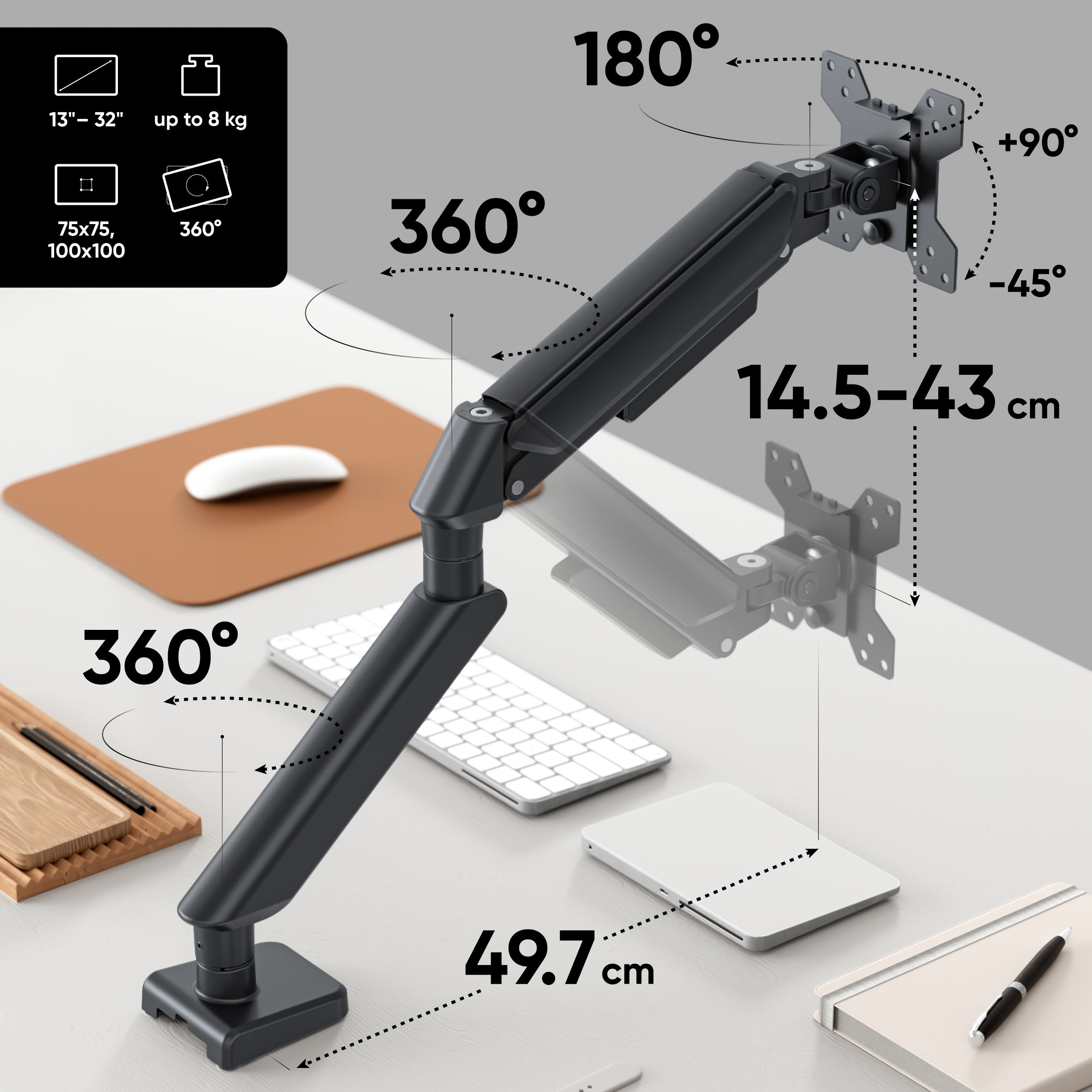 Un brazo de monitor negro con un ratón blanco, teclado y cuaderno sobre una superficie clara. Se muestran las especificaciones.