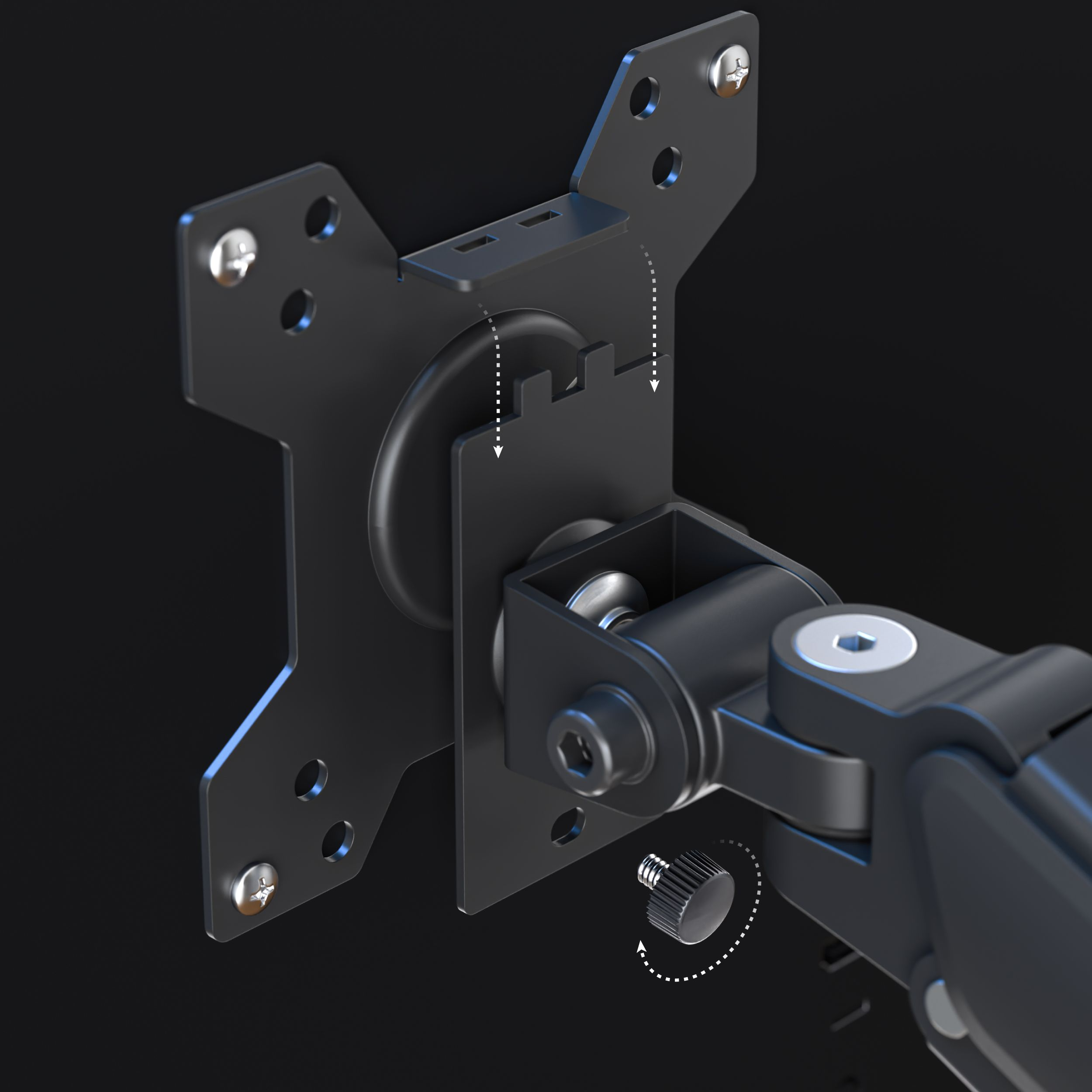 Detalle de brazo de monitor negro. Incluye juntas, tornillos y placa de montaje con orificios para tornillos, sobre fondo oscuro.