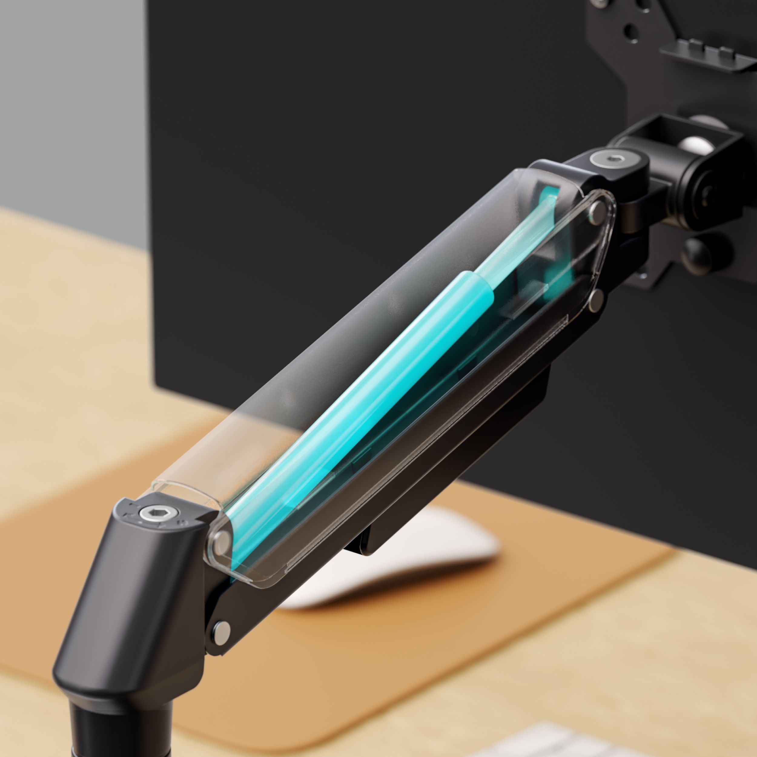 Brazo de monitor con una viga de soporte azul. Brazo negro adjunto a un monitor negro, escritorio beige y un ratón blanco.
