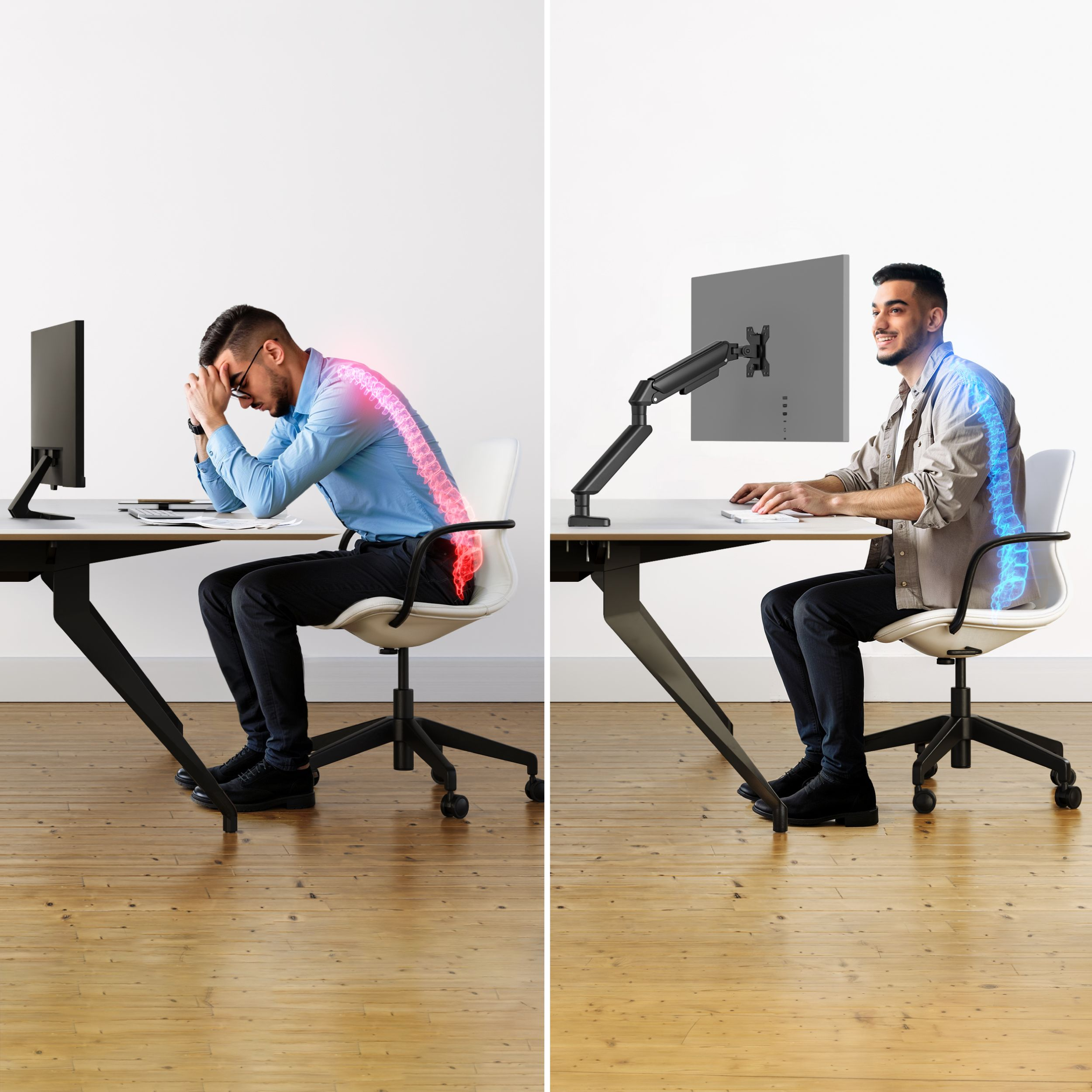 Dos personas sentadas en escritorios. Una tiene mala postura, la otra buena. Muestra una superposición de la columna vertebral para enfatizar.
