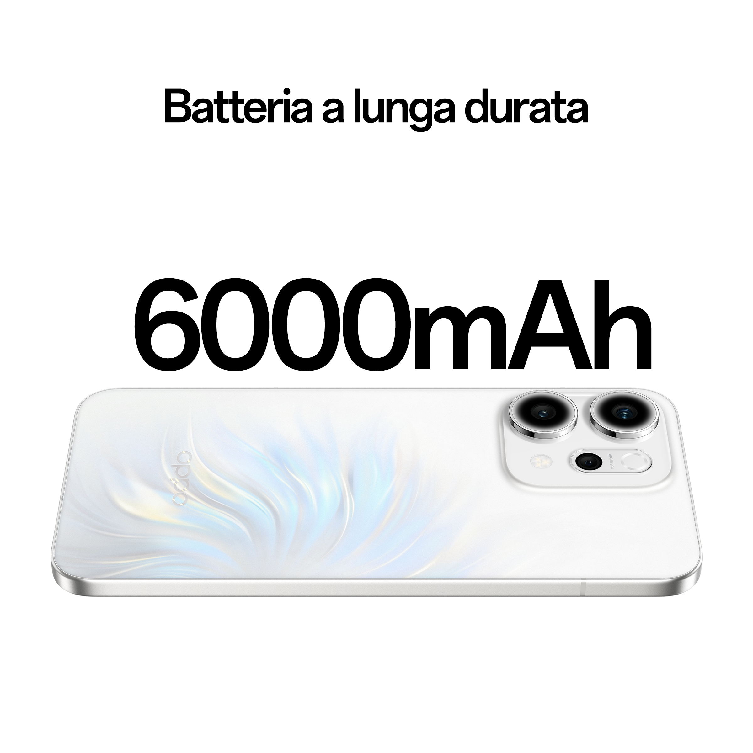 Biały smartfon z baterią 6000 mAh. Tekst u góry mówi 'Długotrwała bateria'. Telefon ma dwa aparaty.