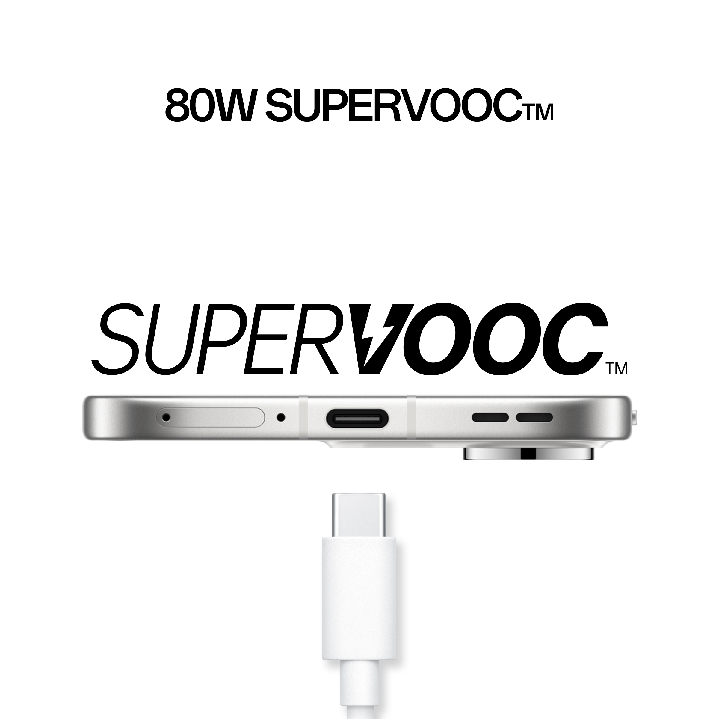 Obraz przedstawia dół telefonu, port ładowania i kabel USB-C. Tekst: '80W SUPERVOOC' i 'SUPERVOOC'.