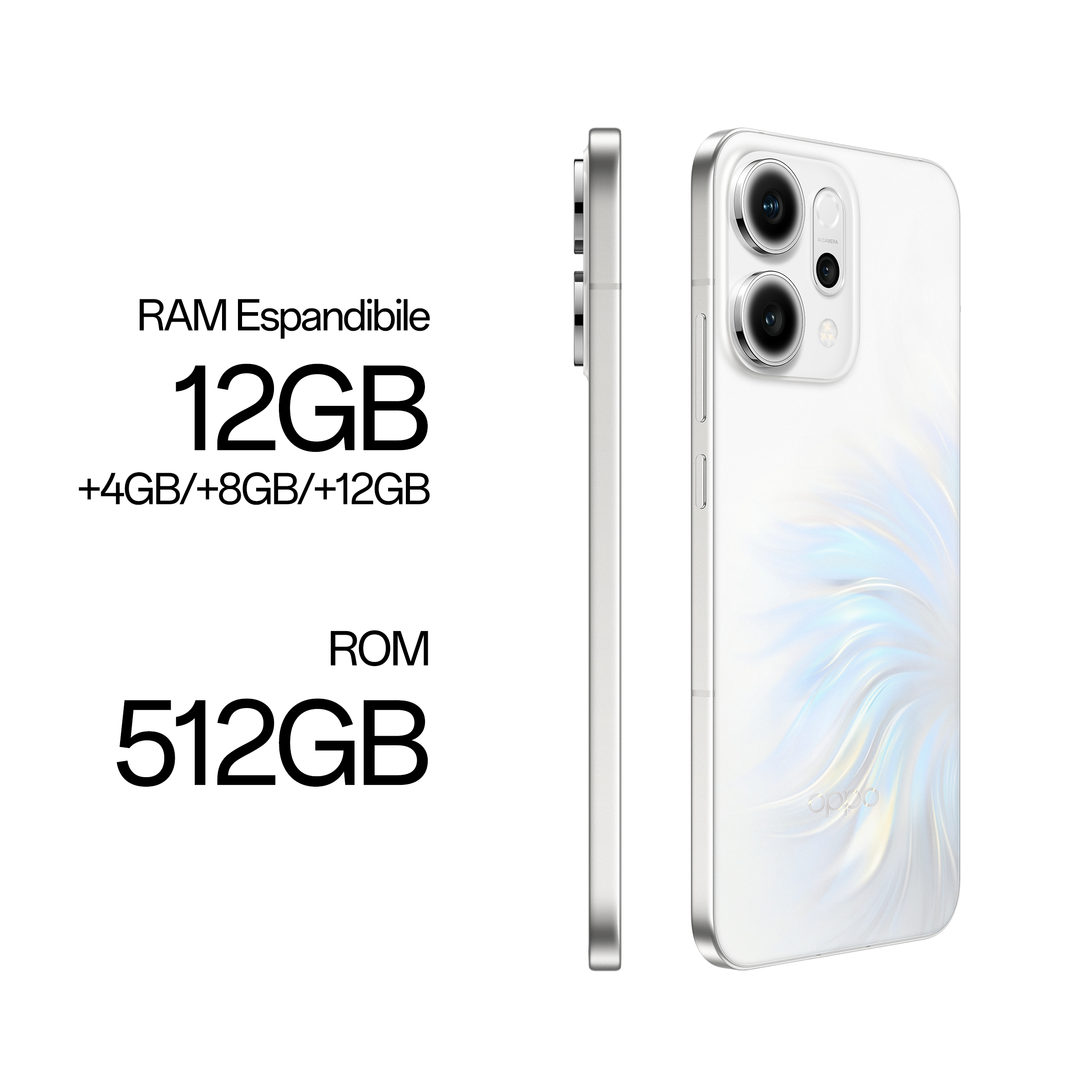 Pokazano biały telefon ze srebrnymi krawędziami. Tekst pokazuje 12 GB RAM i 512 GB ROM. Telefon jest na białym tle.