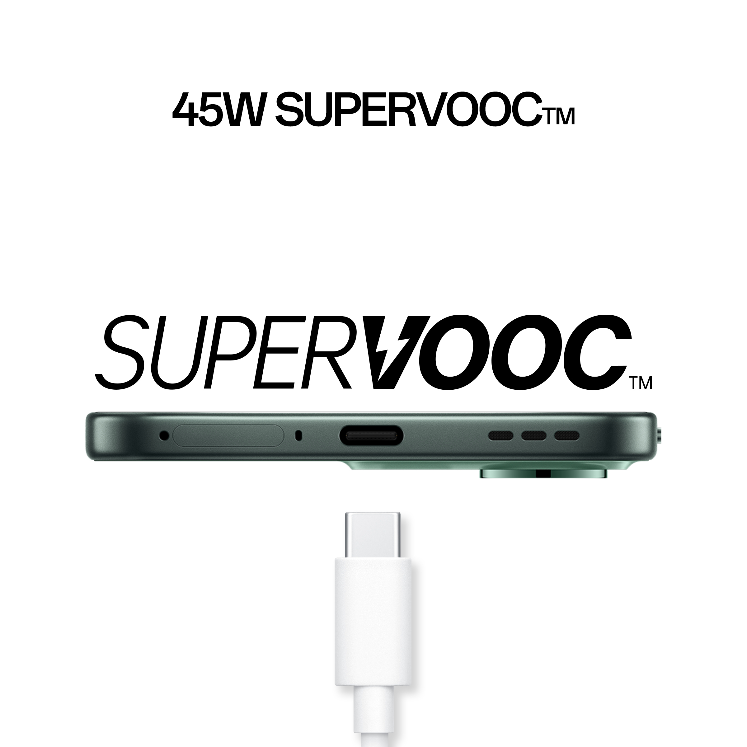 Dolna krawędź telefonu z portem ładowania, z kablem do ładowania poniżej. Tekst: '45W SUPERVOOC'.