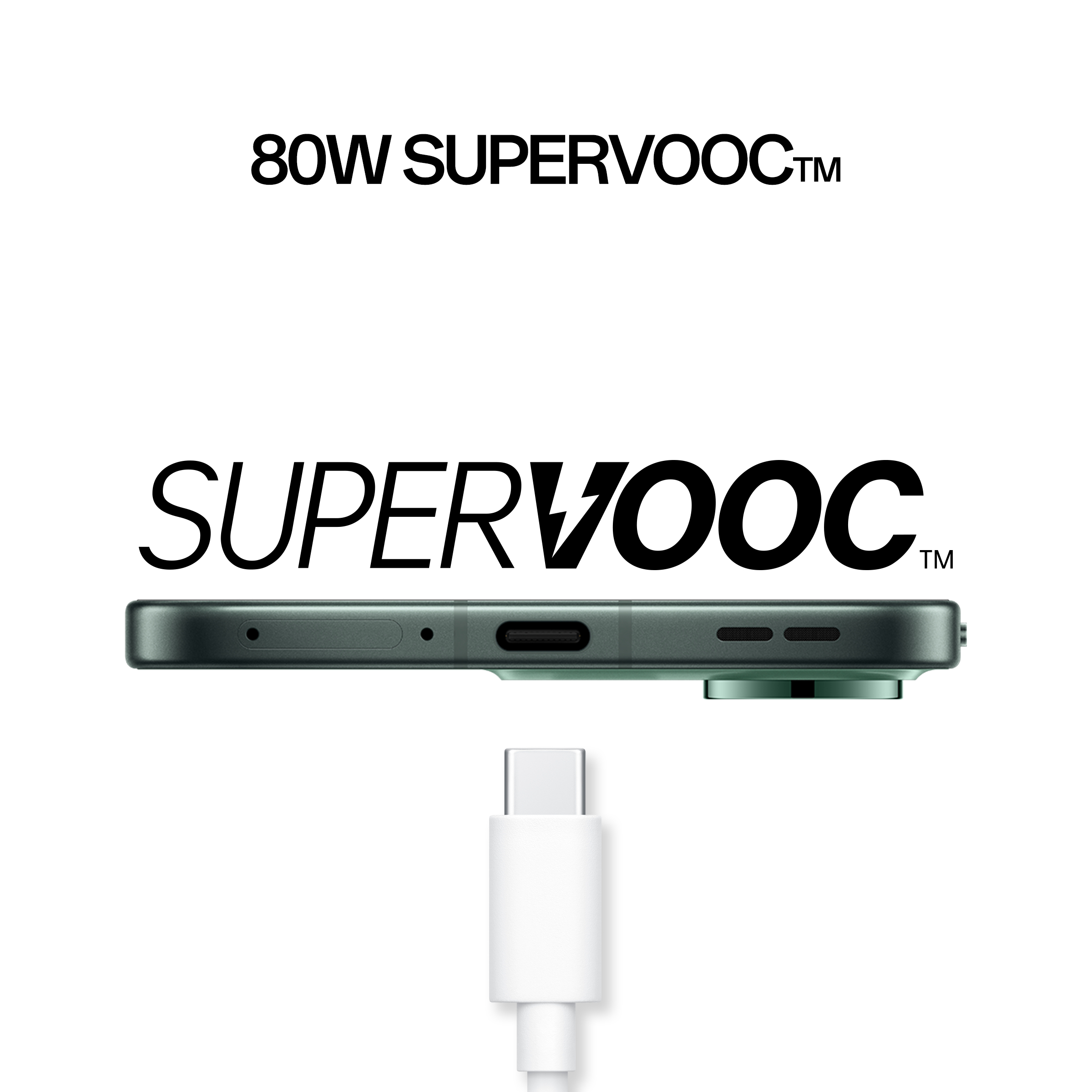 Obrazek przedstawia krawędź telefonu, port ładowania i kabel. Tekst mówi '80W SUPERVOOC' i 'SUPERVOOC'.