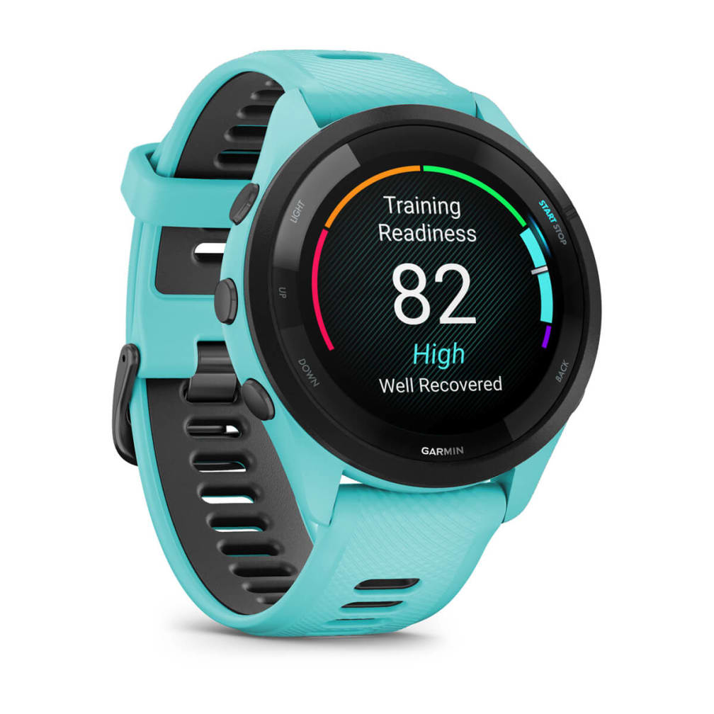 Turkusowy smartwatch Garmin wyświetla 'Training Readiness' z wynikiem 82 oraz 'High, Well Recovered'.