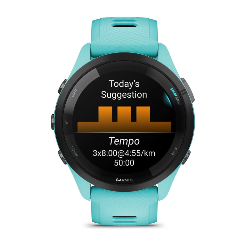 Turkusowy smartwatch Garmin wyświetla 'Today's Suggestion' i szczegóły treningu tempa: 3x8:00@4:55/km, 50:00, i ma przyciski.