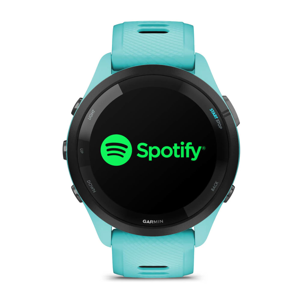 Zegarek Garmin ze Spotify na ekranie, otoczony turkusowym paskiem. Przyciski światło, góra, dół, start/stop i wstecz.