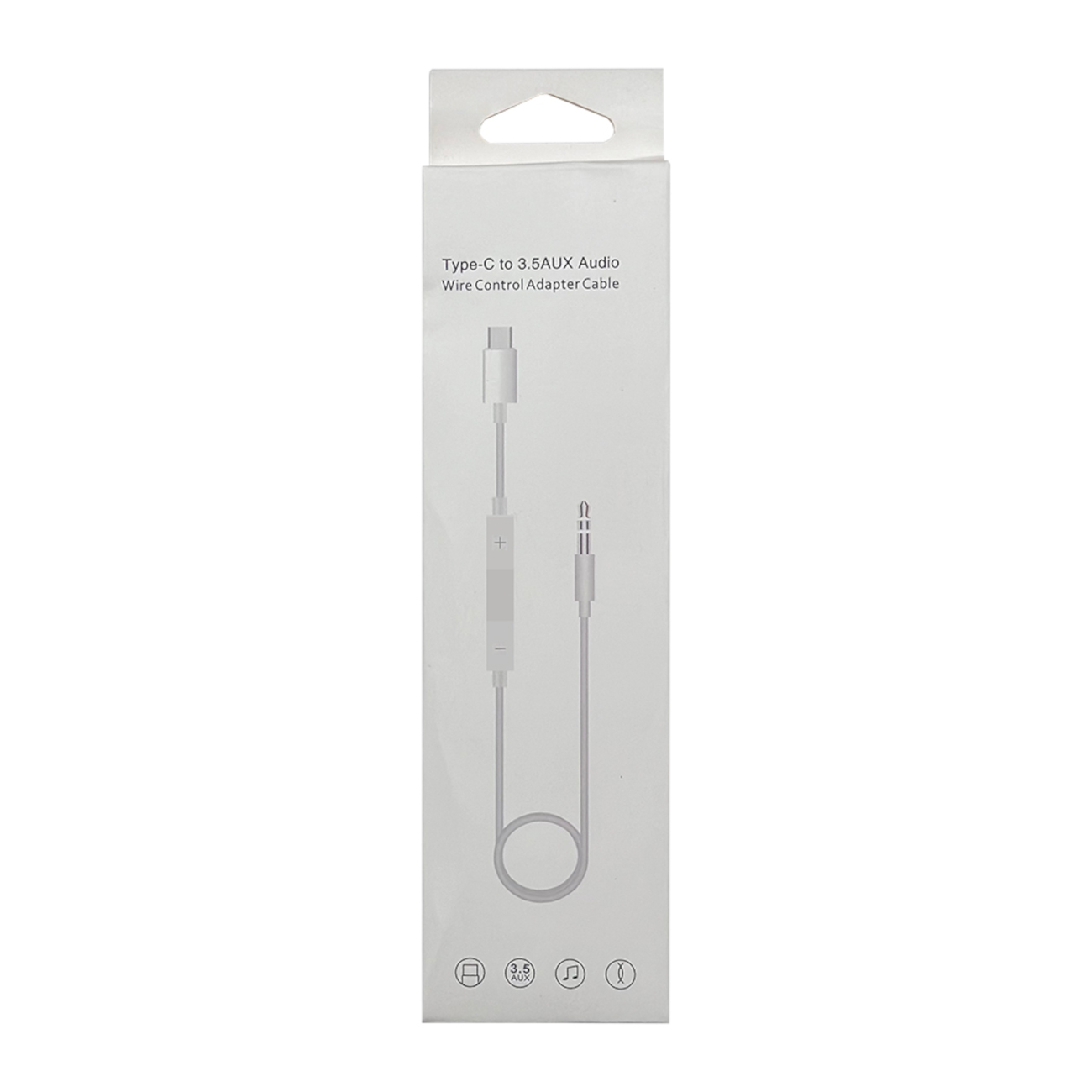 Eine weiße Box mit einem Typ-C-zu-3,5-AUX-Audiokabel. Das Kabel hat einen Typ-C-Anschluss, eine Lautstärkeregelung und eine 3,5-mm-Audiobuchse.