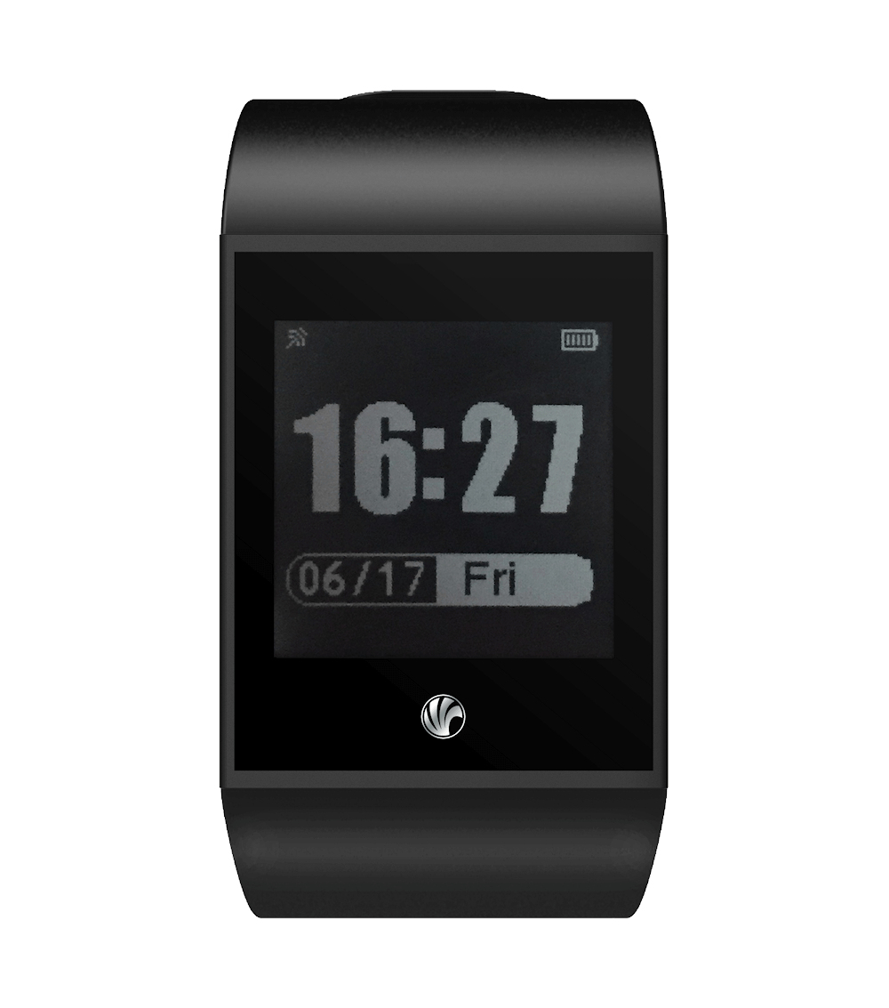 Smartwatch nera che mostra l'ora: 16:27, la data: 06/17 Ven e un'icona della batteria. L'orologio ha un design curvo e un logo.