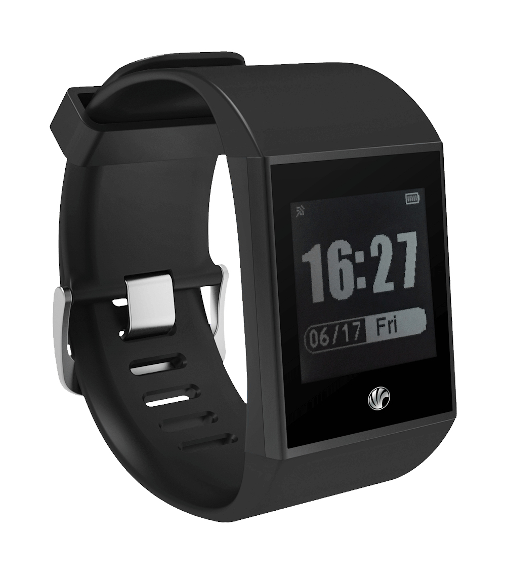 Smartwatch nera che mostra le 16:27 e la data 06/17 ven. Ha un cinturino nero e una chiusura argentata, isolata su bianco.