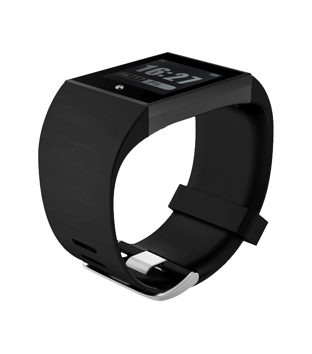 Smartwatch nera che mostra 16:27 e 06/17 Ven. Ha un cinturino nero con fibbia argentata.