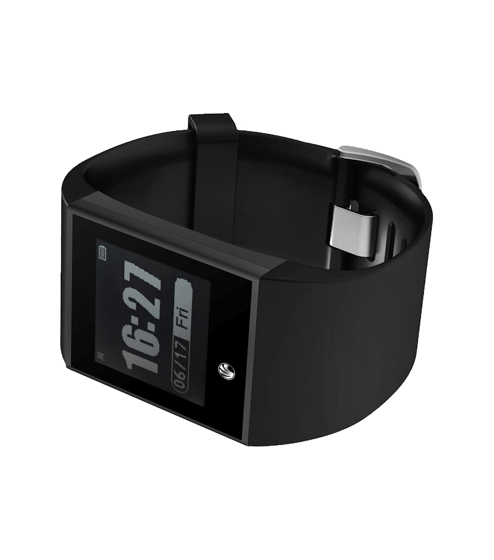 Uno smartwatch nero che mostra le 16:27 e la data. L'orologio ha un cinturino nero e una chiusura argentata.
