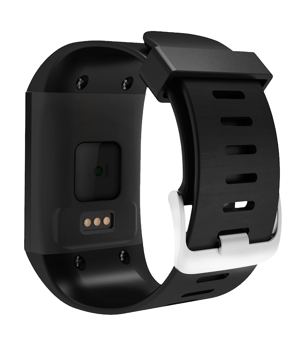 Smartwatch nera con cinturino nero e fibbia argentata. Il retro mostra sensori e contatti di ricarica.