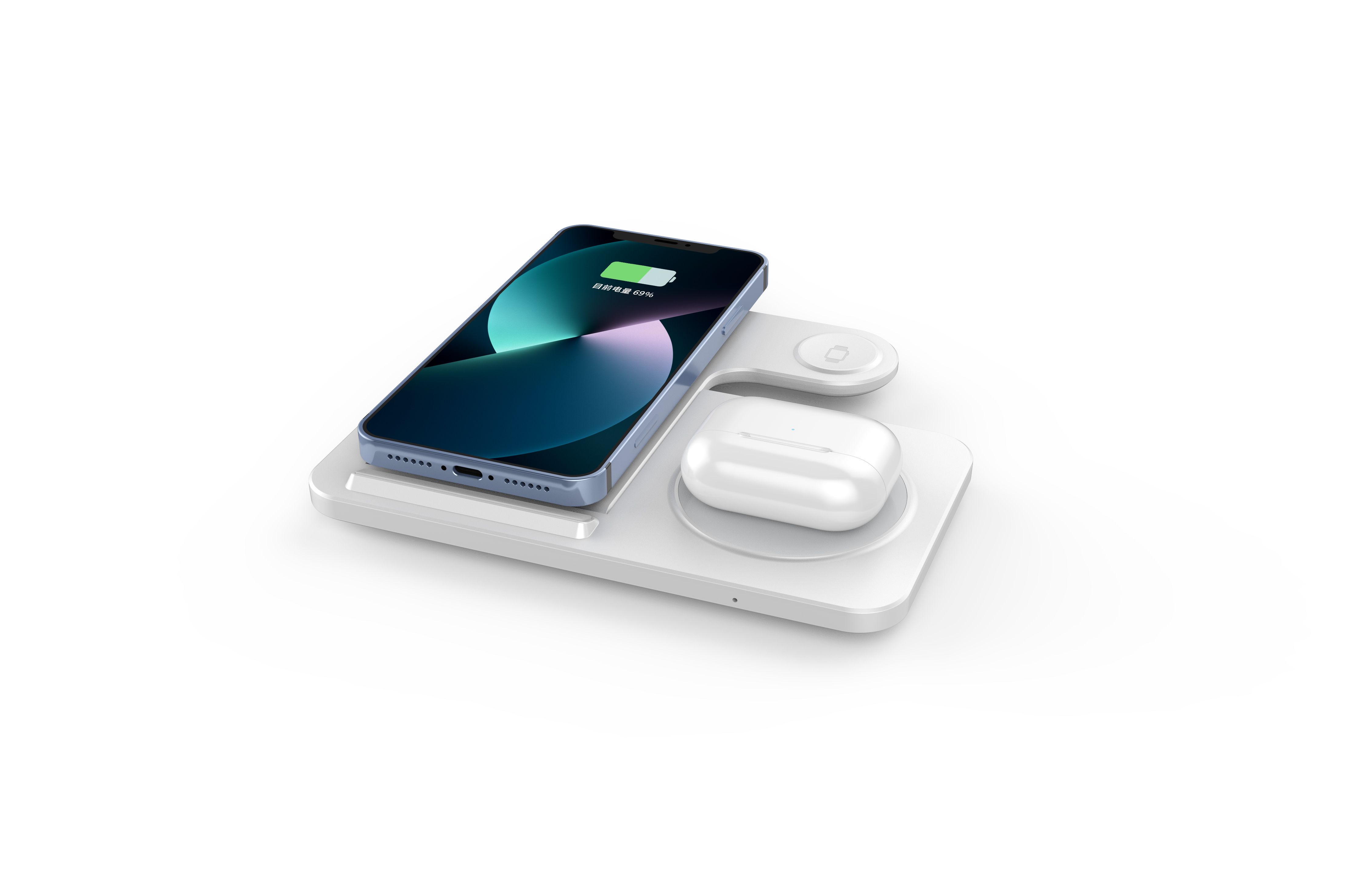 Eine weiße Ladestation mit Telefon und Ohrhörern. Das Telefon zeigt einen blauen und teal-farbenen Bildschirm. Die Ohrhörer sind weiß.