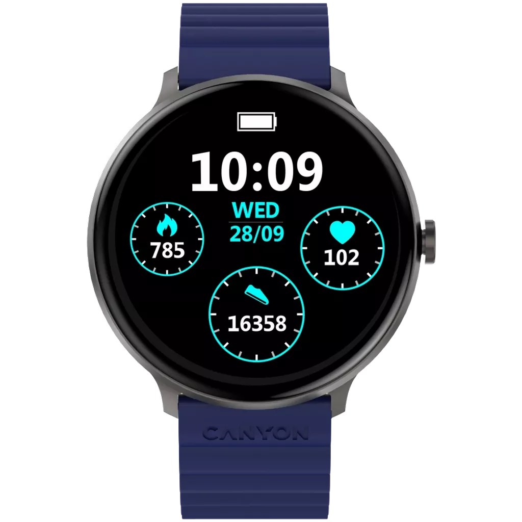 Smartwatch Canyon wyświetla 10:09, śr 28/09, kroki, tętno i spalone kalorie, z niebieskim paskiem i czarnym ekranem.