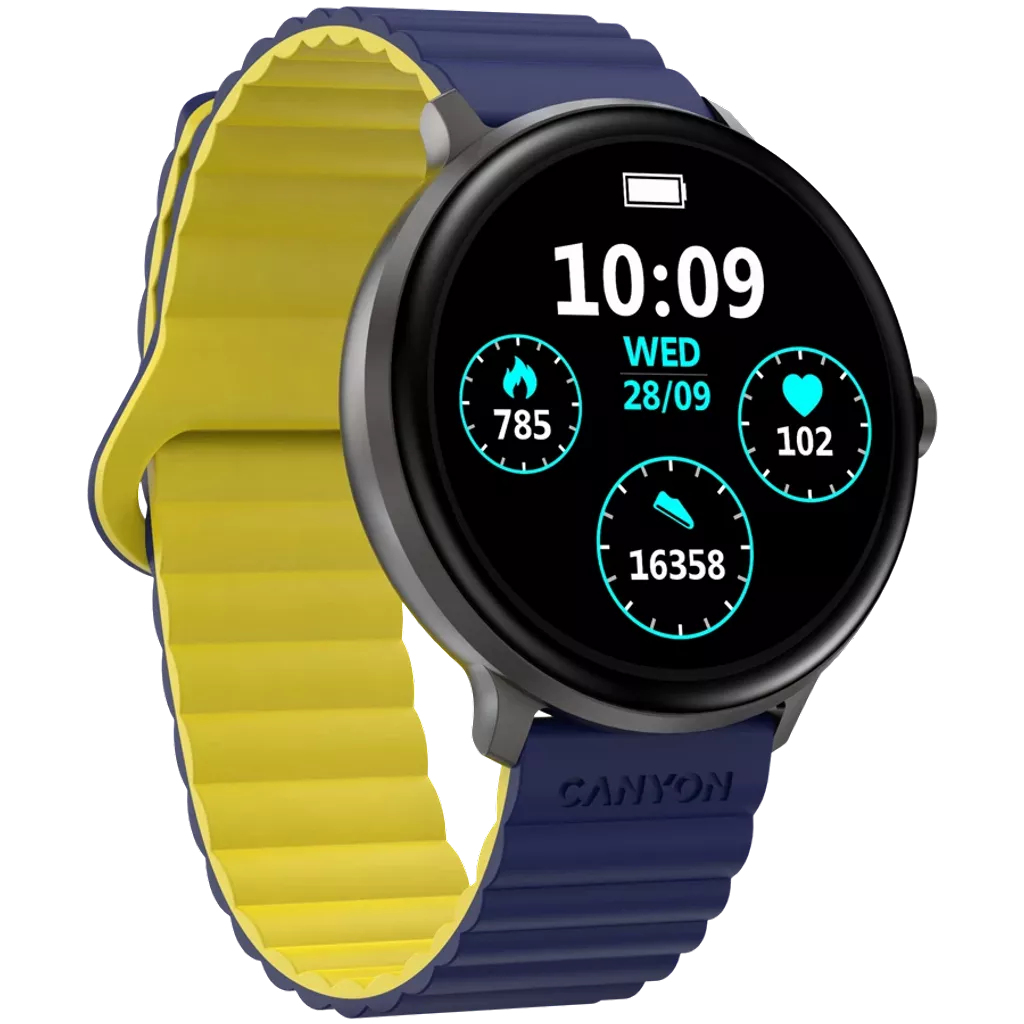 Smartwatch z okrągłym czarnym ekranem wyświetlającym czas, datę i dane fitness. Ma niebieski pasek z żółtą warstwą wewnętrzną.