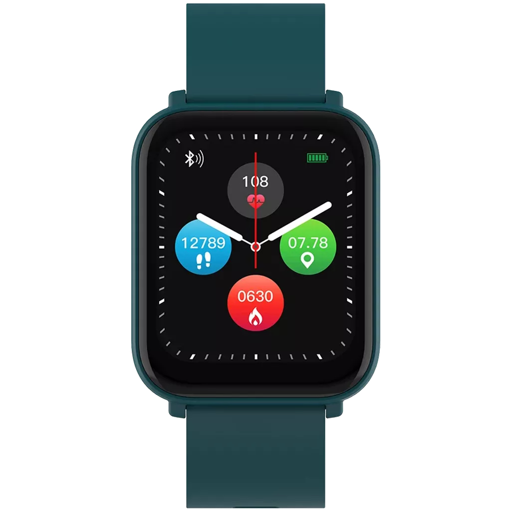 Turkusowy smartwatch wyświetla wskaźniki zdrowia: kroki, tętno, lokalizację i czas. Zegarek ma turkusowy pasek i czarny ekran.