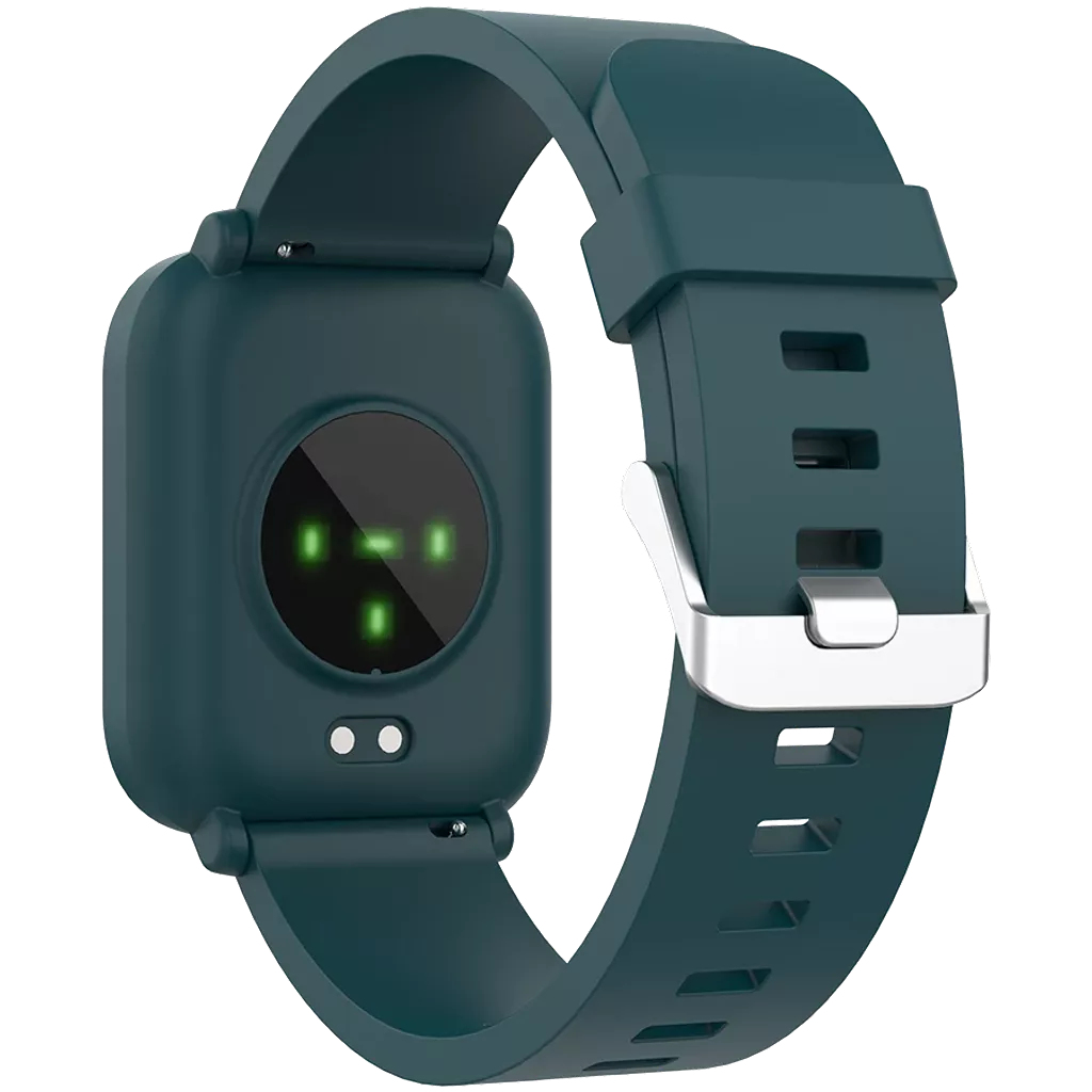 Turkusowy smartwatch z czarnym ekranem wyświetlającym zielone światła. Pasek jest turkusowy ze srebrną klamrą. Zegarek jest na białym tle.