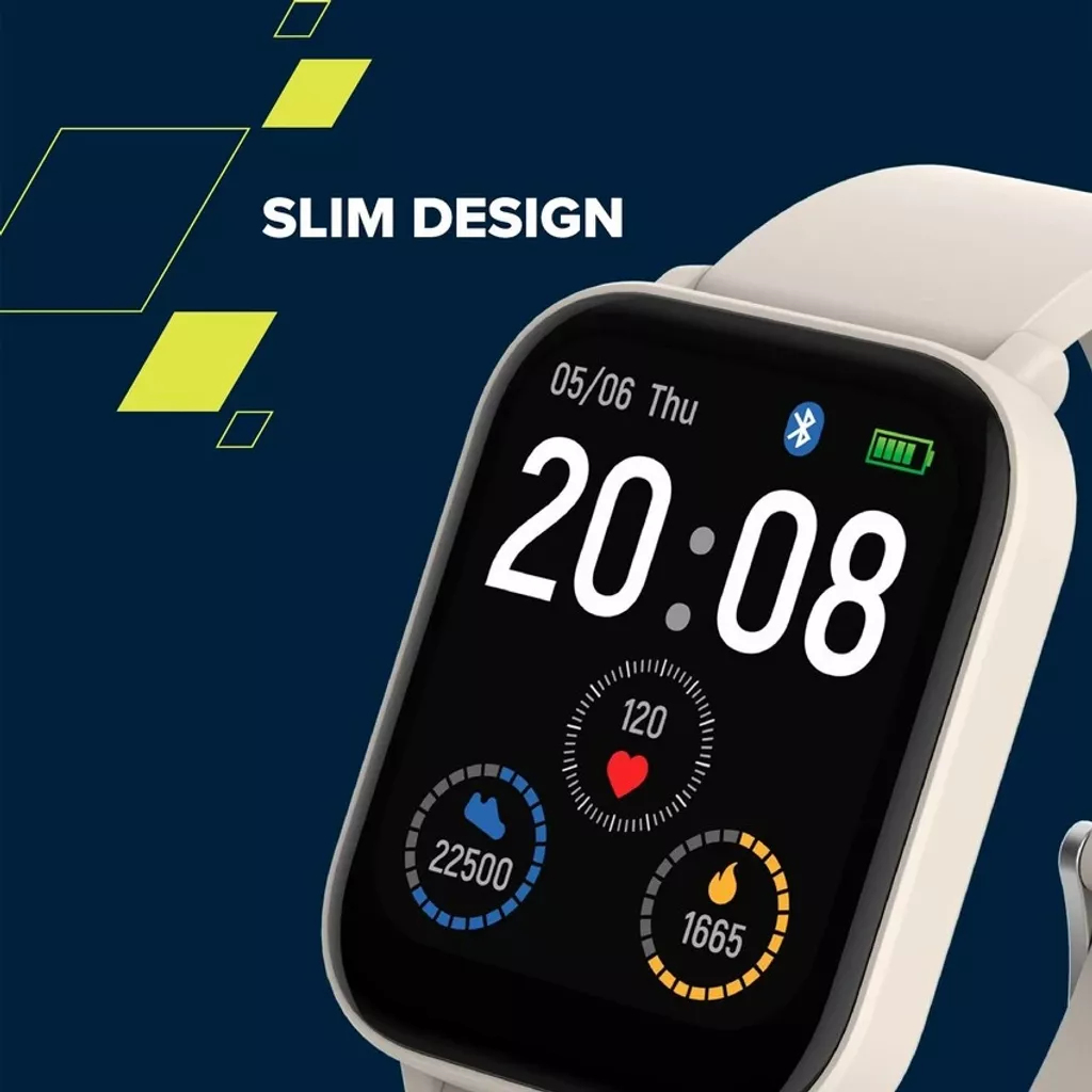 Smartwatch z czarnym wyświetlaczem pokazującym godzinę, datę, kroki i tętno. Biały pasek i niebieskie tło. Tekst: smukły design.