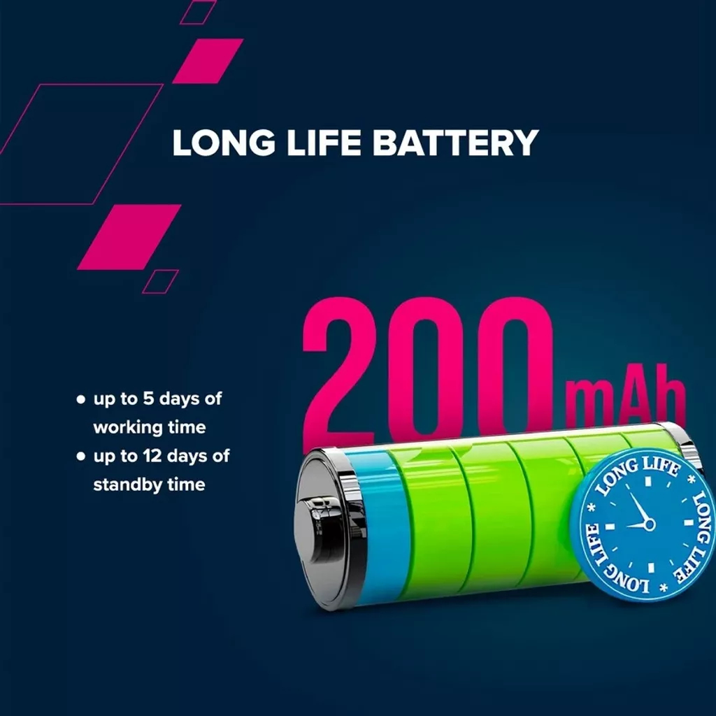 Obrazek przedstawia baterię z napisem "LONG LIFE BATTERY". Wyświetla 200 mAh, z czasem pracy do 5 dni i czasem czuwania 12 dni.