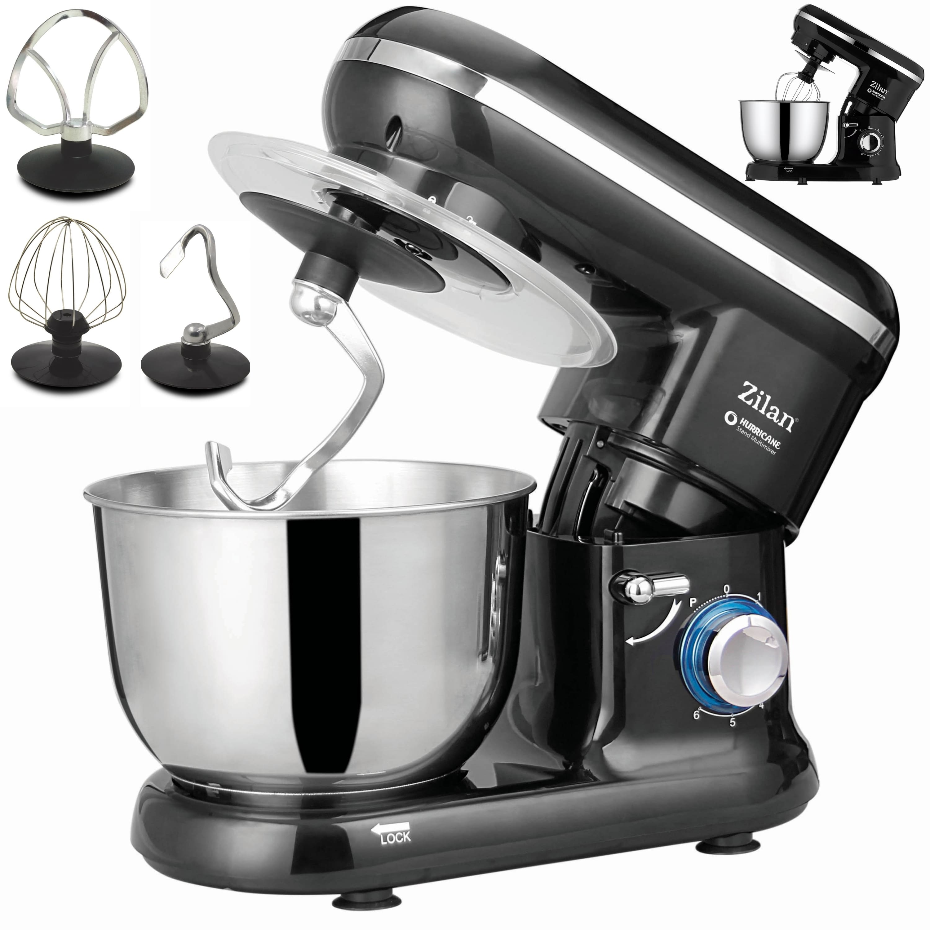 Ein schwarzer Standmixer mit Aufsätzen. Der Mixer hat eine silberne Schüssel und einen durchsichtigen Spritzschutz.