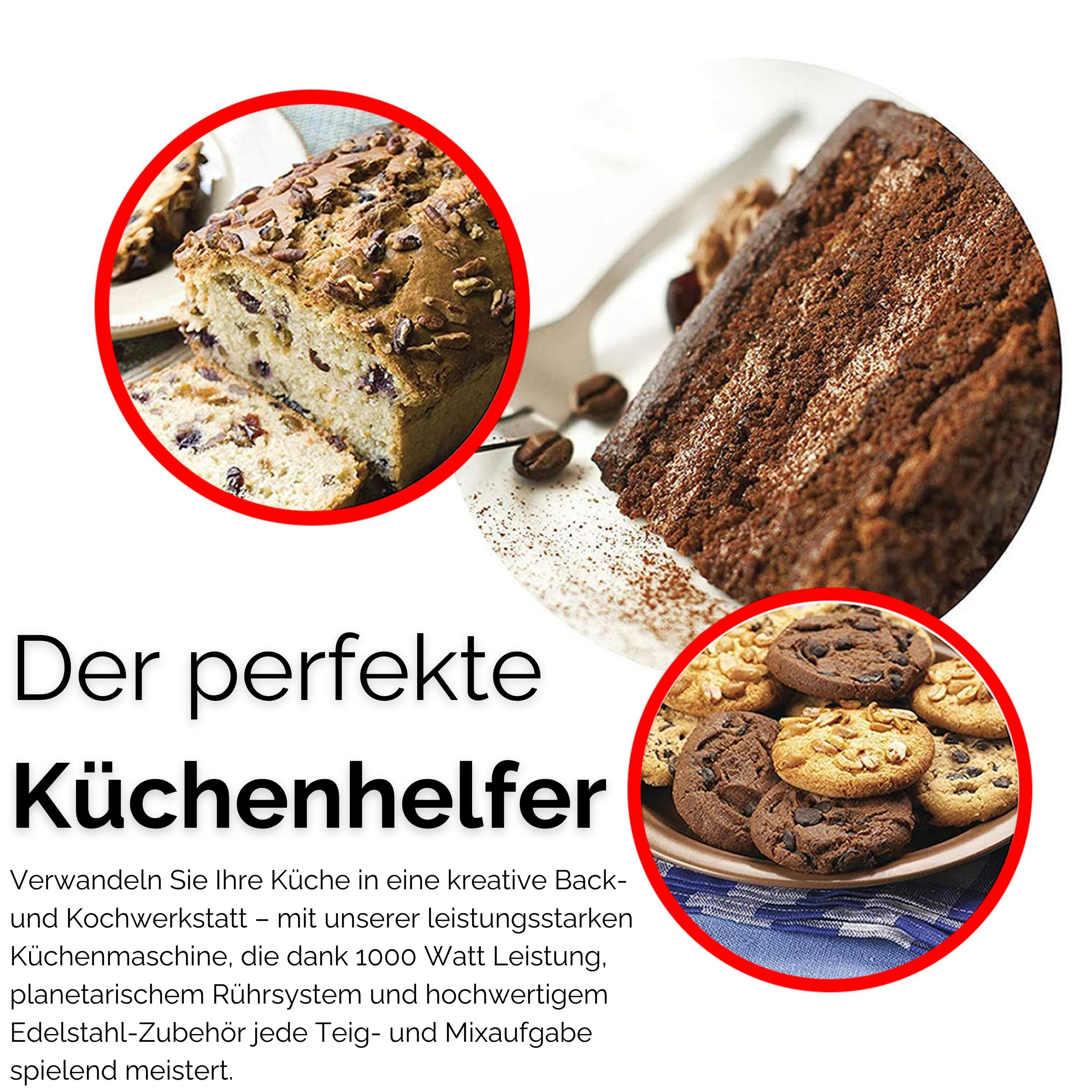 Das Bild zeigt Backwaren: Kuchen, Kekse und Brot, jeweils mit einem roten Kreis hervorgehoben. Der Text unten lautet 'Der perfekte Küchenhelfer'.