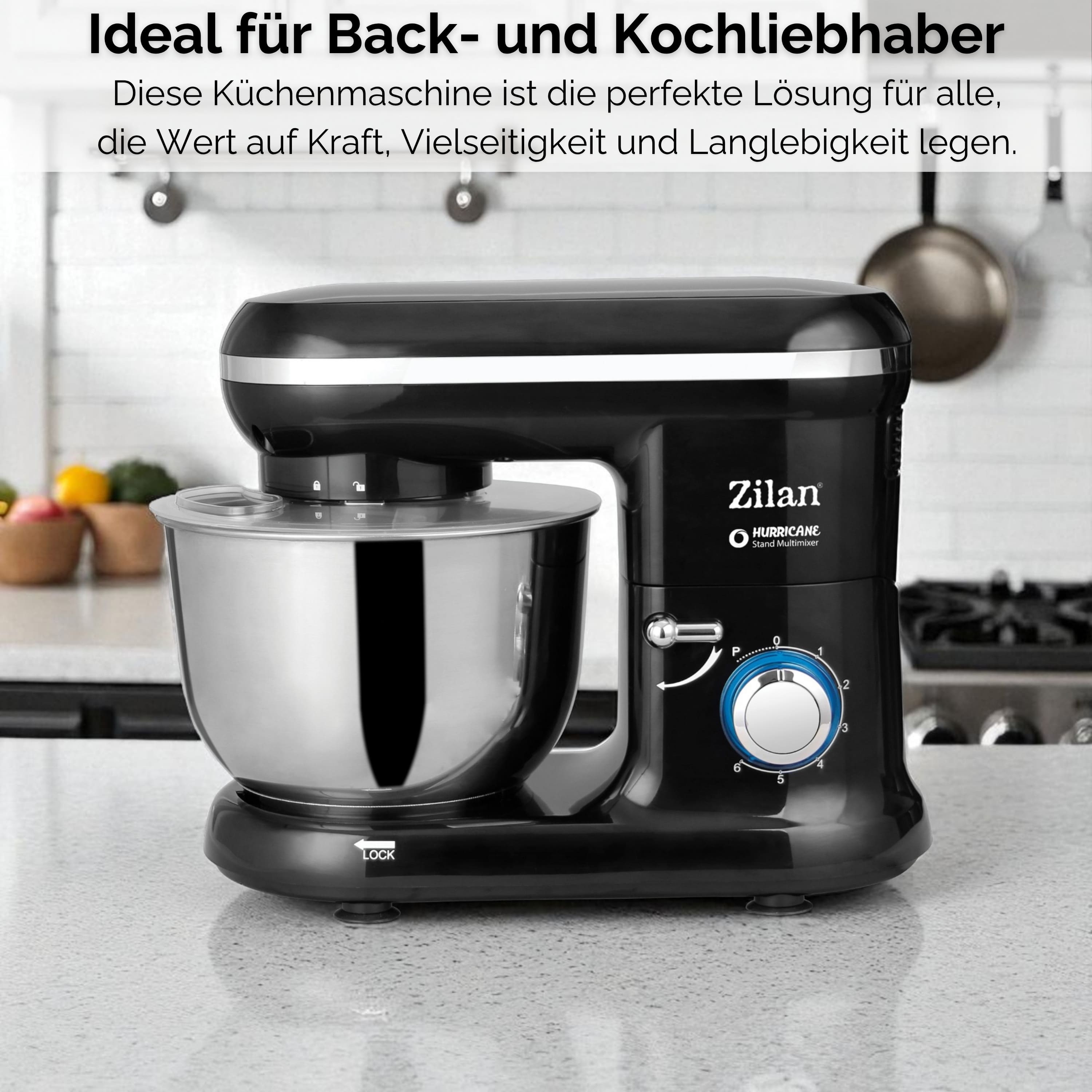 Ein schwarzer Zilan Hurricane Küchenmixer auf einer Arbeitsplatte. Er hat eine Edelstahlschüssel und einen Drehregler.