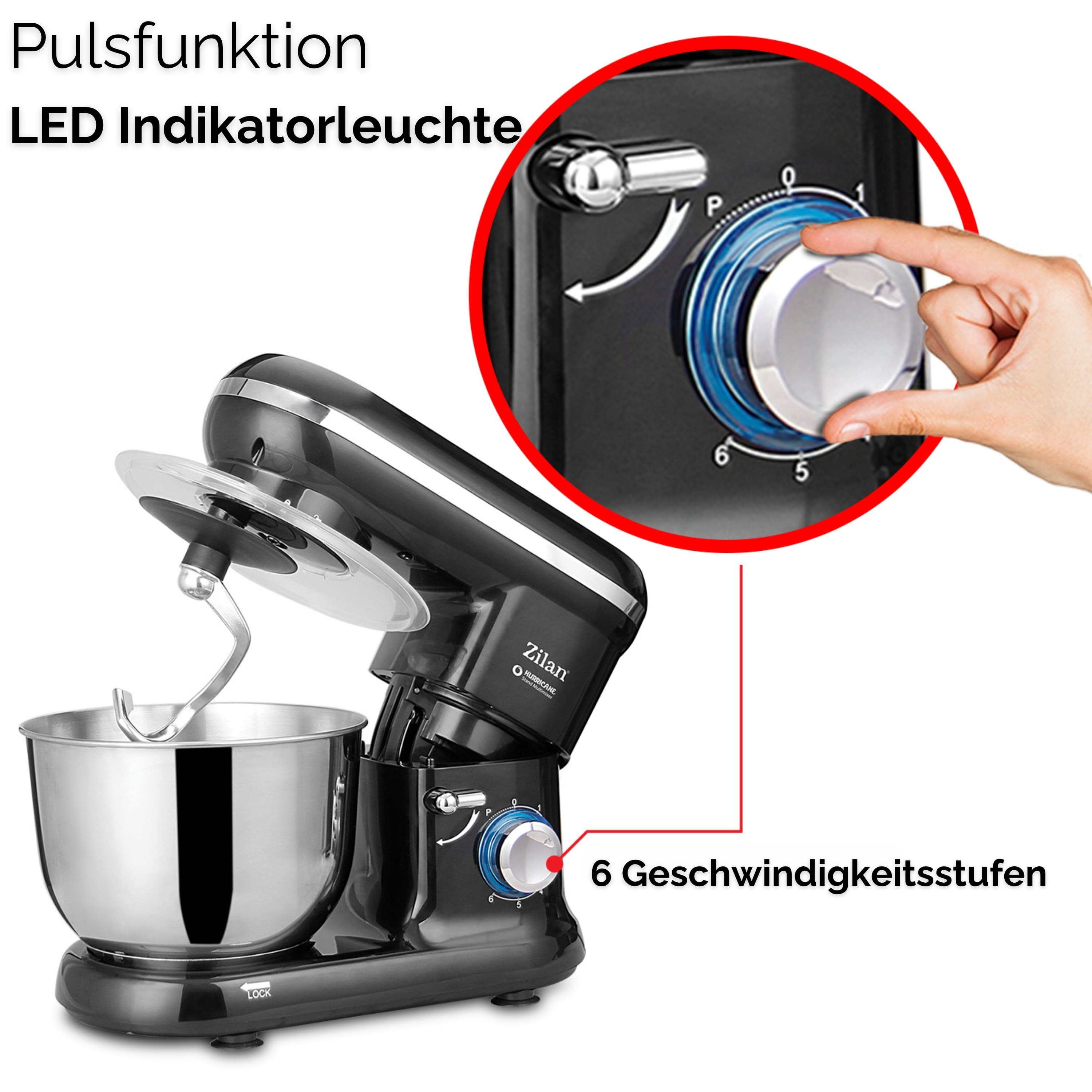 Ein schwarzer Standmixer mit Drehknopf, Schüssel und Haken. Eine Hand dreht den Knopf. Der Text sagt 6 Geschwindigkeiten.