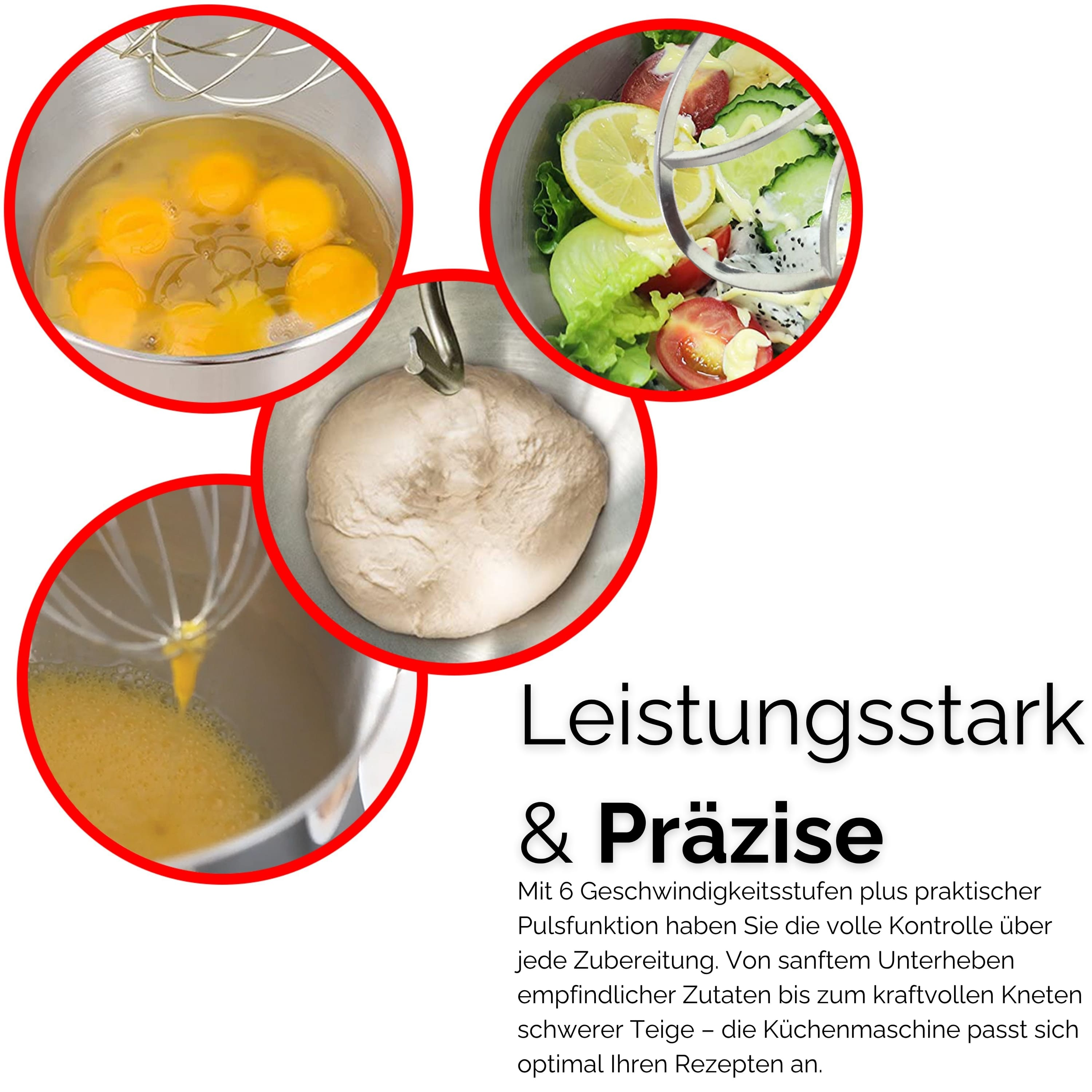 Das Bild zeigt Eier in einer Schüssel, Salat mit Zitrone und Teig. Text sagt 'Leistungsstark & Präzise', Geschwindigkeitsstufen.