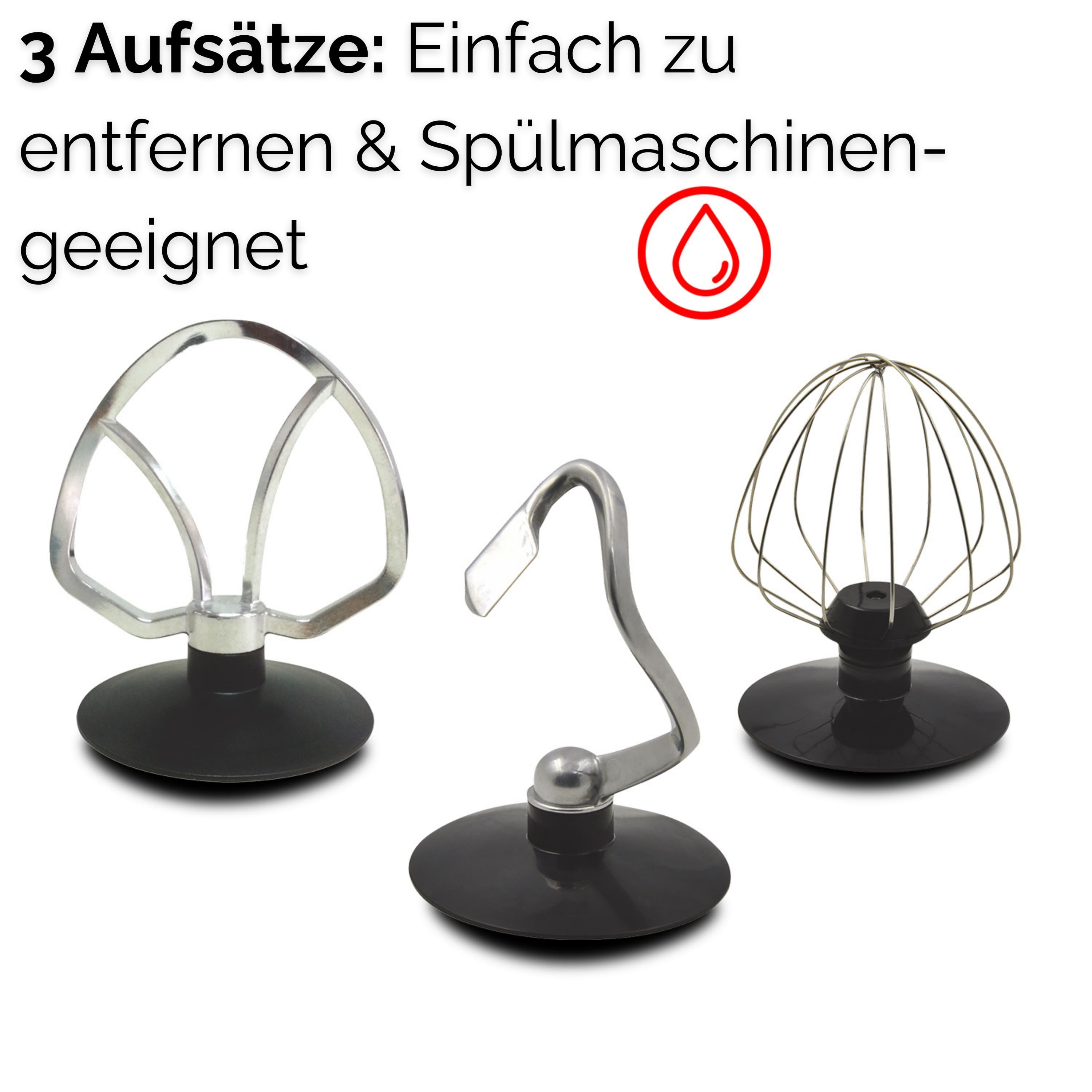 Drei Mixeraufsätze: ein Schläger, ein Knethaken und ein Schneebesen. Sie haben schwarze Basen und sind vor weißem Hintergrund.