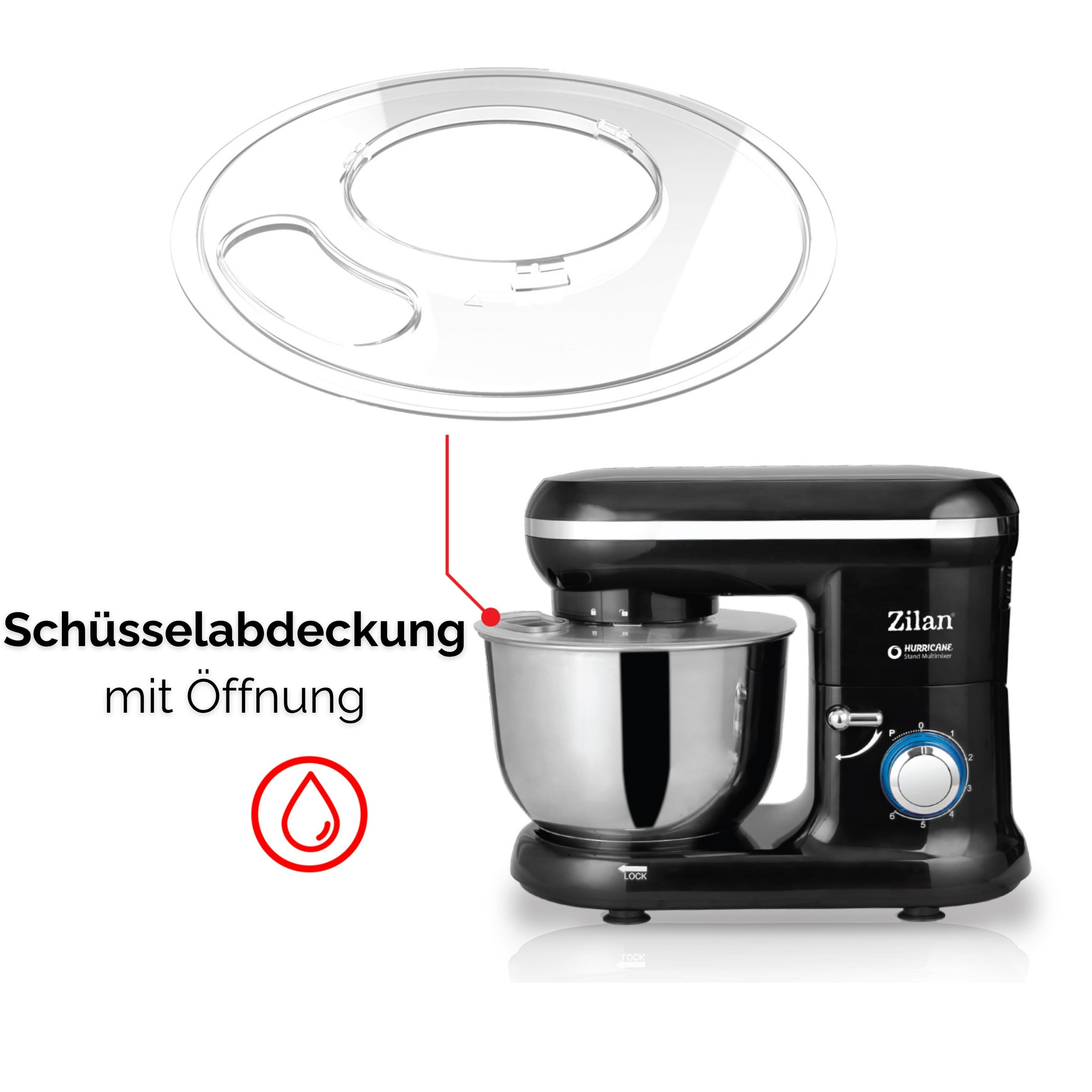 Ein schwarzer und silberner Zilan Hurricane Küchenmixer mit transparentem Deckel. Text auf Deutsch: 'Schüssel Abdeckung mit Öffnung'.