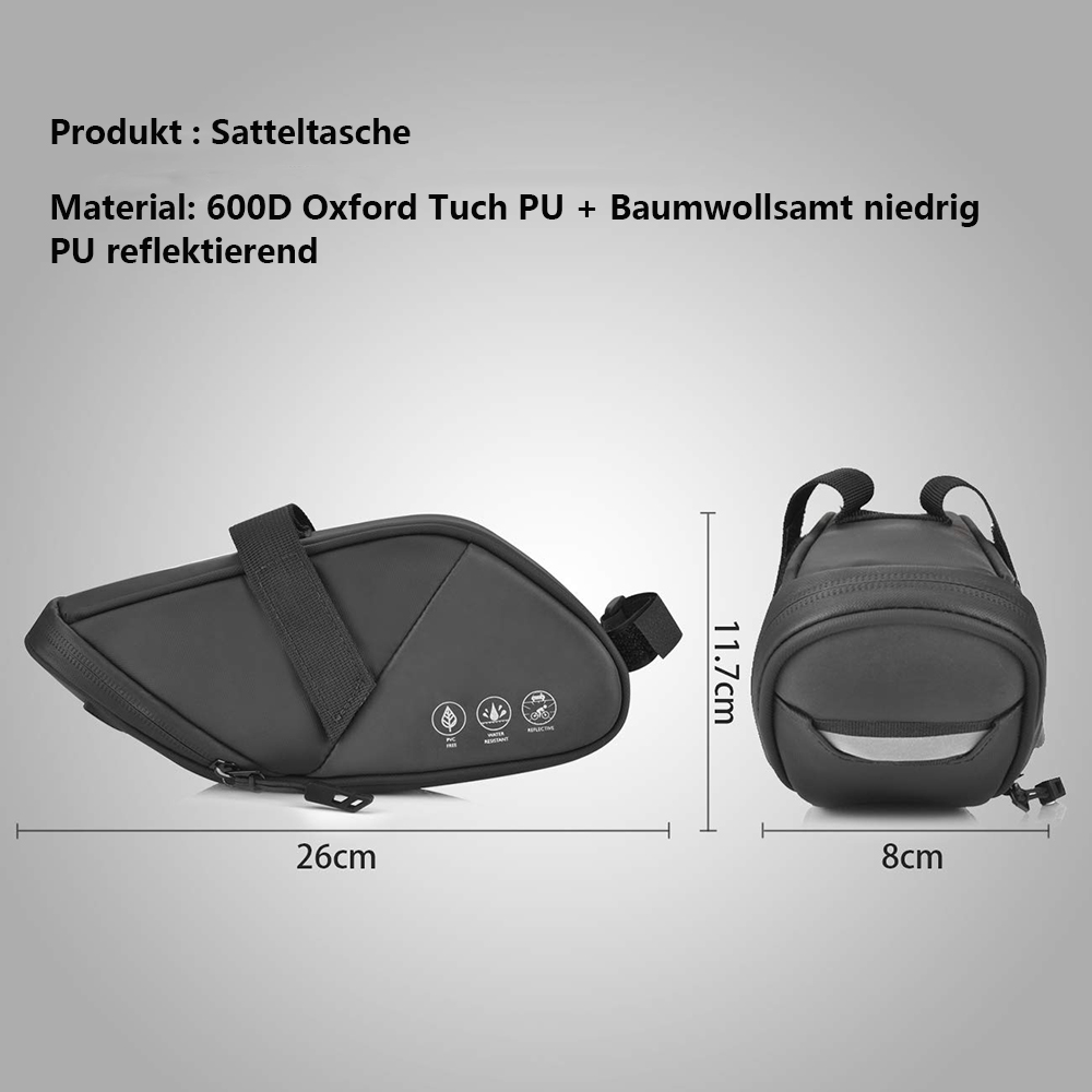 Eine schwarze Fahrrad-Satteltasche wird zusammen mit ihren Abmessungen angezeigt. Text weist auf das Material der Tasche hin. Die Tasche ist schwarz mit reflektierenden Elementen.