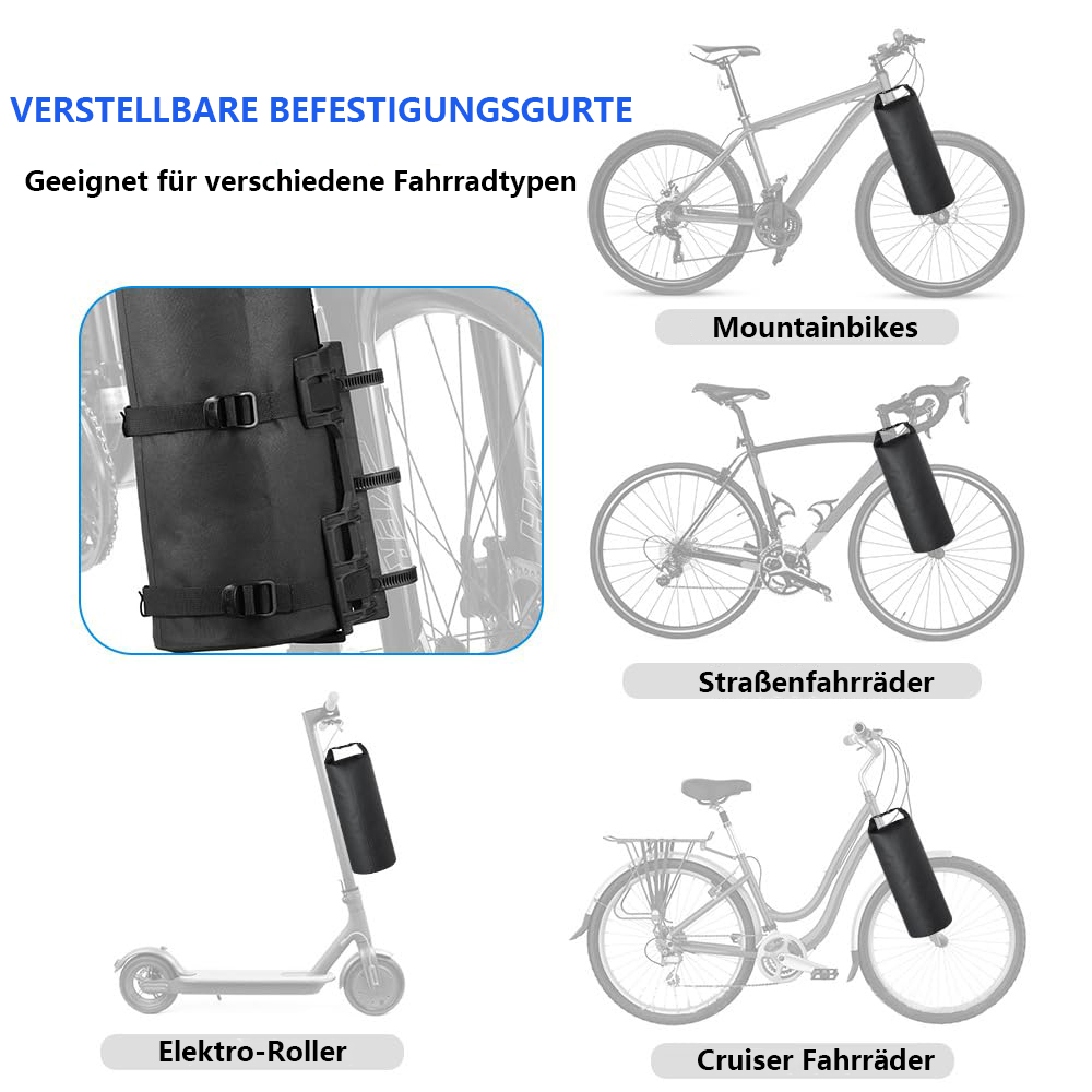 Das Bild zeigt verstellbare Gurte und verschiedene Fahrräder, darunter Mountainbikes, Rennräder und Cruiser, sowie einen E-Roller.