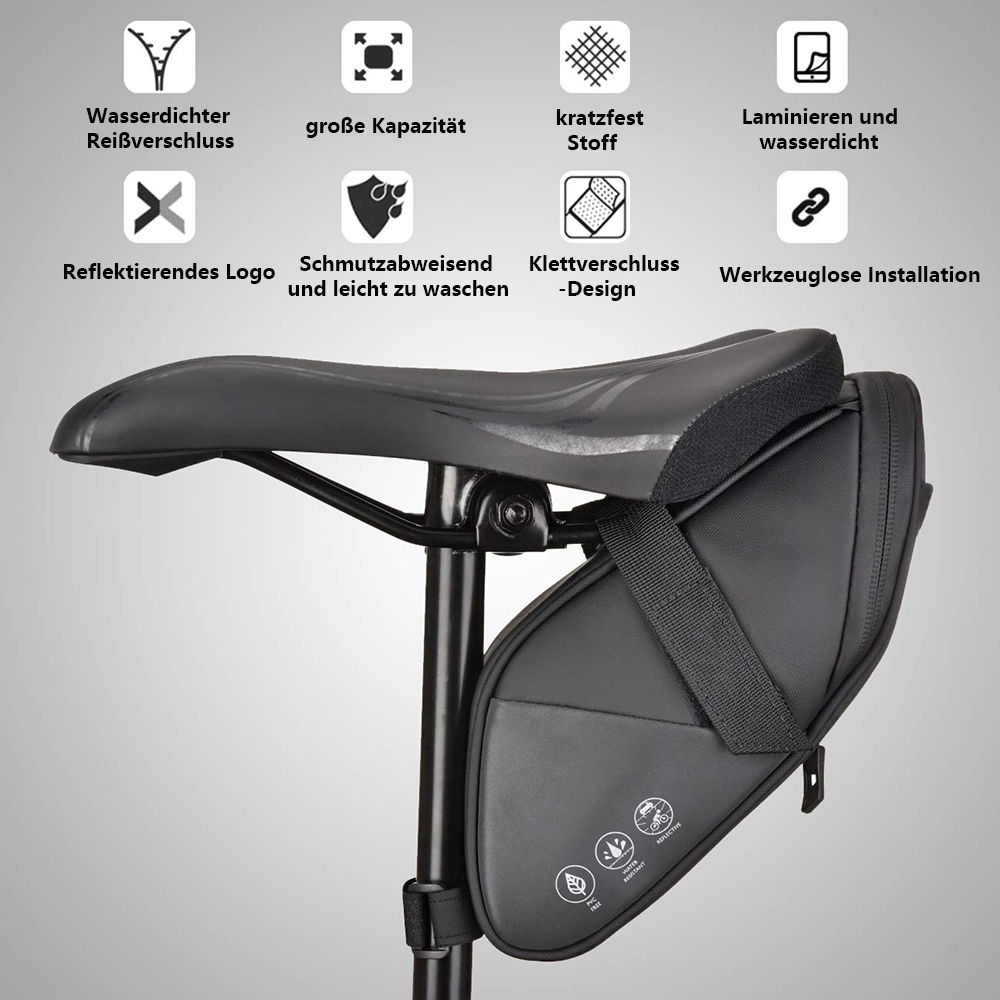 Schwarzer Fahrradsattel mit angebrachter schwarzer Aufbewahrungstasche. Verschiedene Symbole um den Sattel weisen auf Funktionen hin.