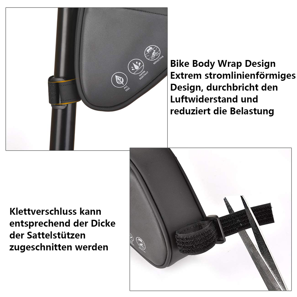 Schwarze Fahrradtasche mit Klettverschlüssen, an einem schwarzen Rohr befestigt. Text beschreibt Design, Wasserfestigkeit und Reflektoren.
