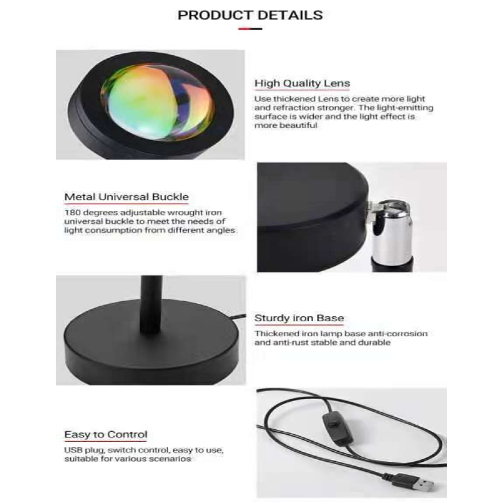 Produkt details: Sonnenuntergangslampe mit Regenbogenlinse, verstellbarer Schnalle, stabilem Eisensockel, USB-Stecker und Schalter.