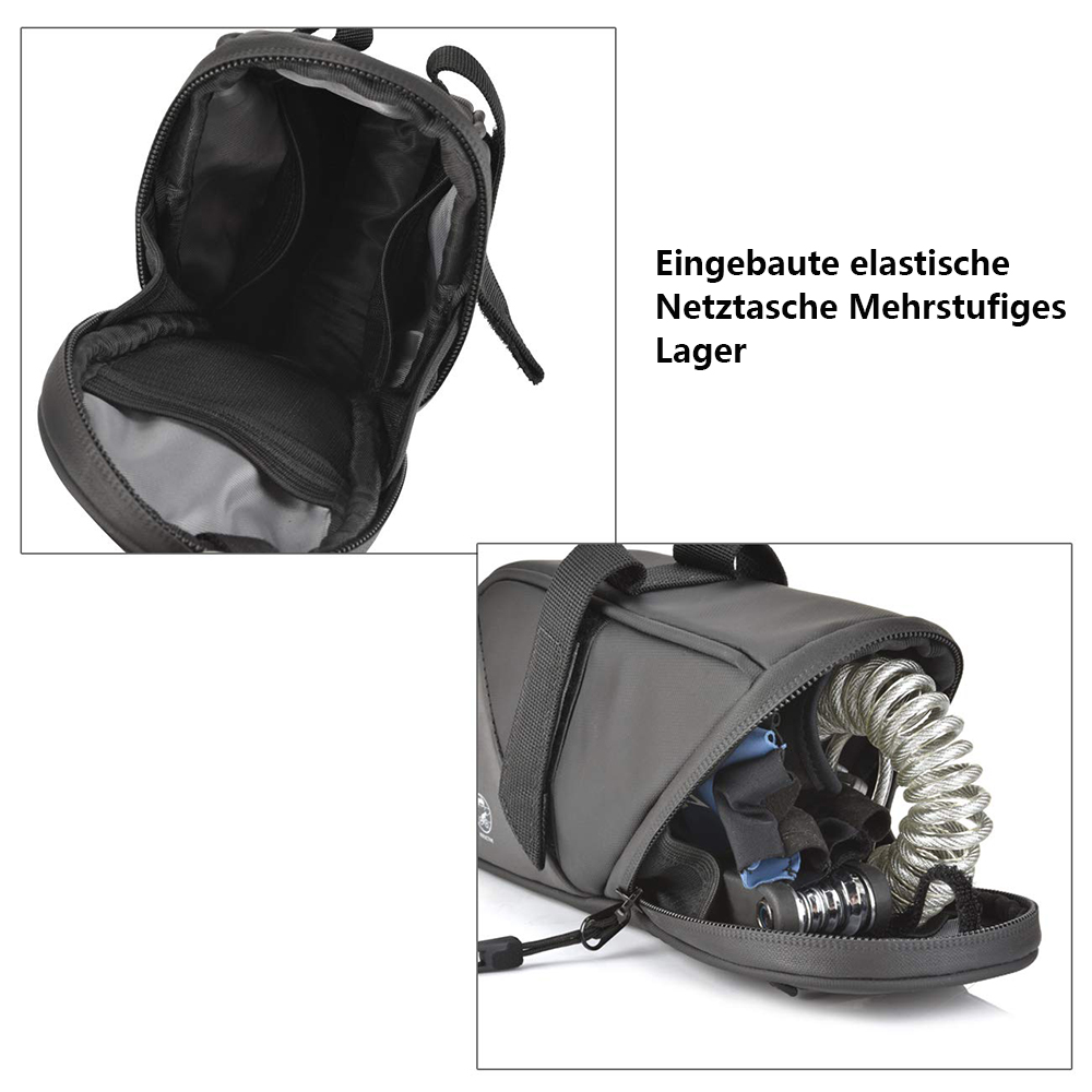 Eine schwarze Fahrradtasche, geöffnet, um ihren Inhalt zu zeigen. Die Tasche enthält ein silbernes Schloss, Werkzeuge und Zubehör.