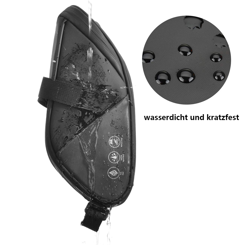 Schwarze Fahrradtasche mit Wassertropfen. Ein kreisförmiger Einsatz zeigt Wassertröpfchen. Text: 'wasserdicht und kratzfest'.