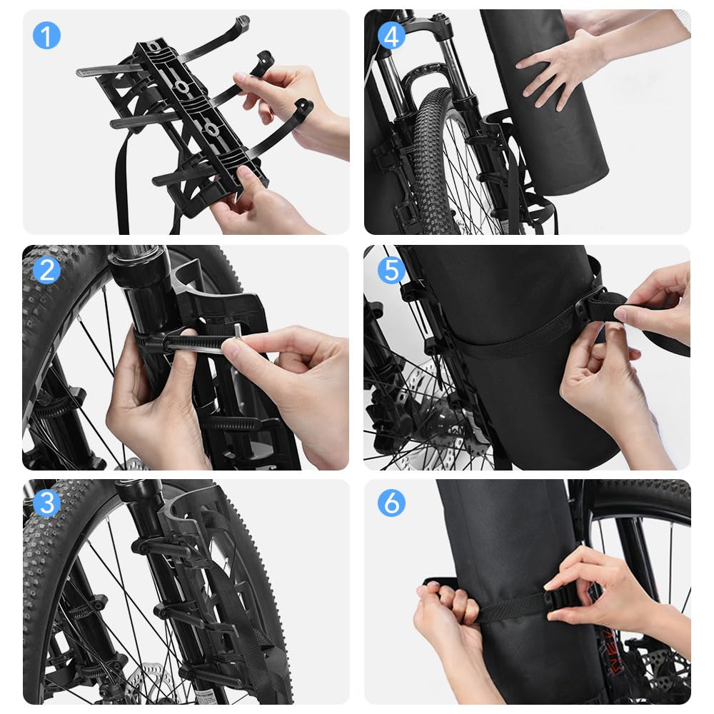 Schritte zur Installation einer Fahrradtasche. Hände befestigen die Tasche am Fahrradrahmen. Die Bilder zeigen den Prozess im Detail, nummeriert von 1 bis 6.