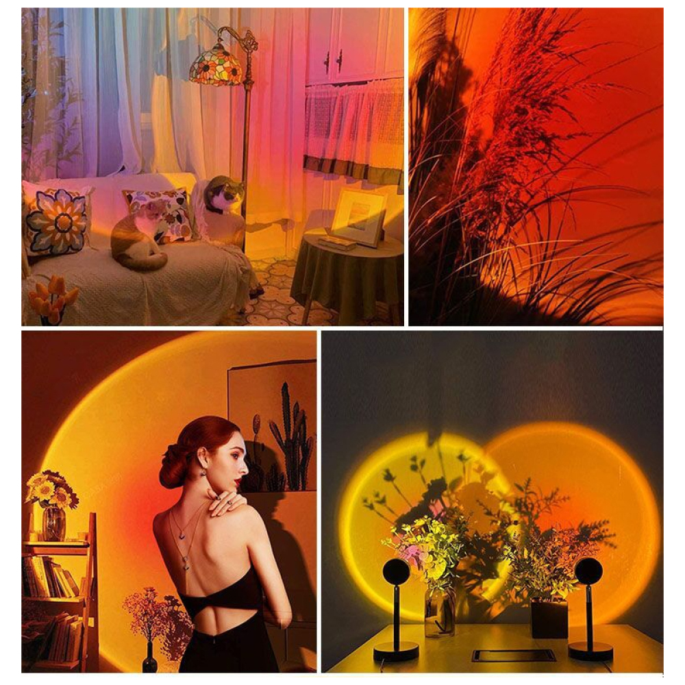 Eine Collage zeigt Sonnenuntergang-Lichteffekte. Enthält ein Zimmer mit Lampe, eine Frau, Pflanzen und zwei Lampen, die Lichtkreise projizieren.