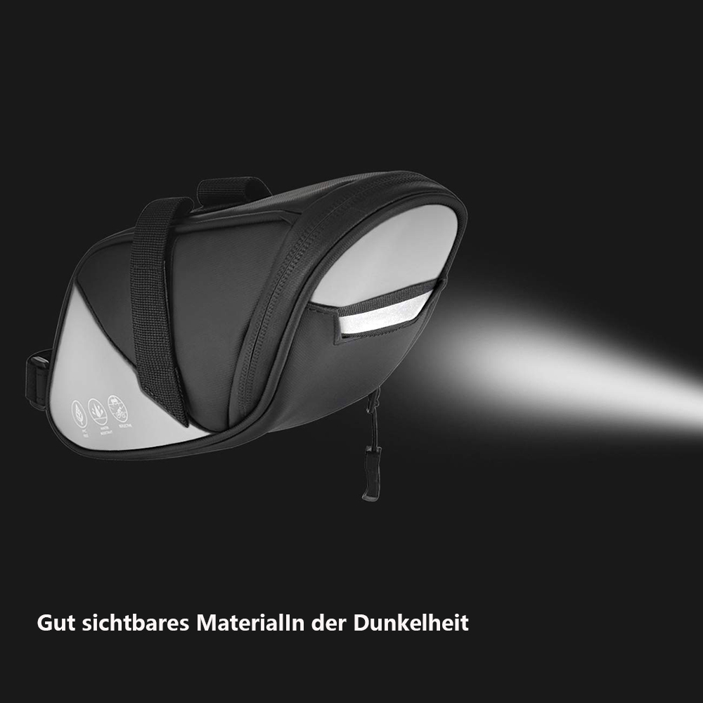 Eine schwarze Fahrradtasche mit reflektierenden silbernen Paneelen und einem Lichtstrahl. Sie hat Riemen und Symbole. Der Hintergrund ist dunkel.