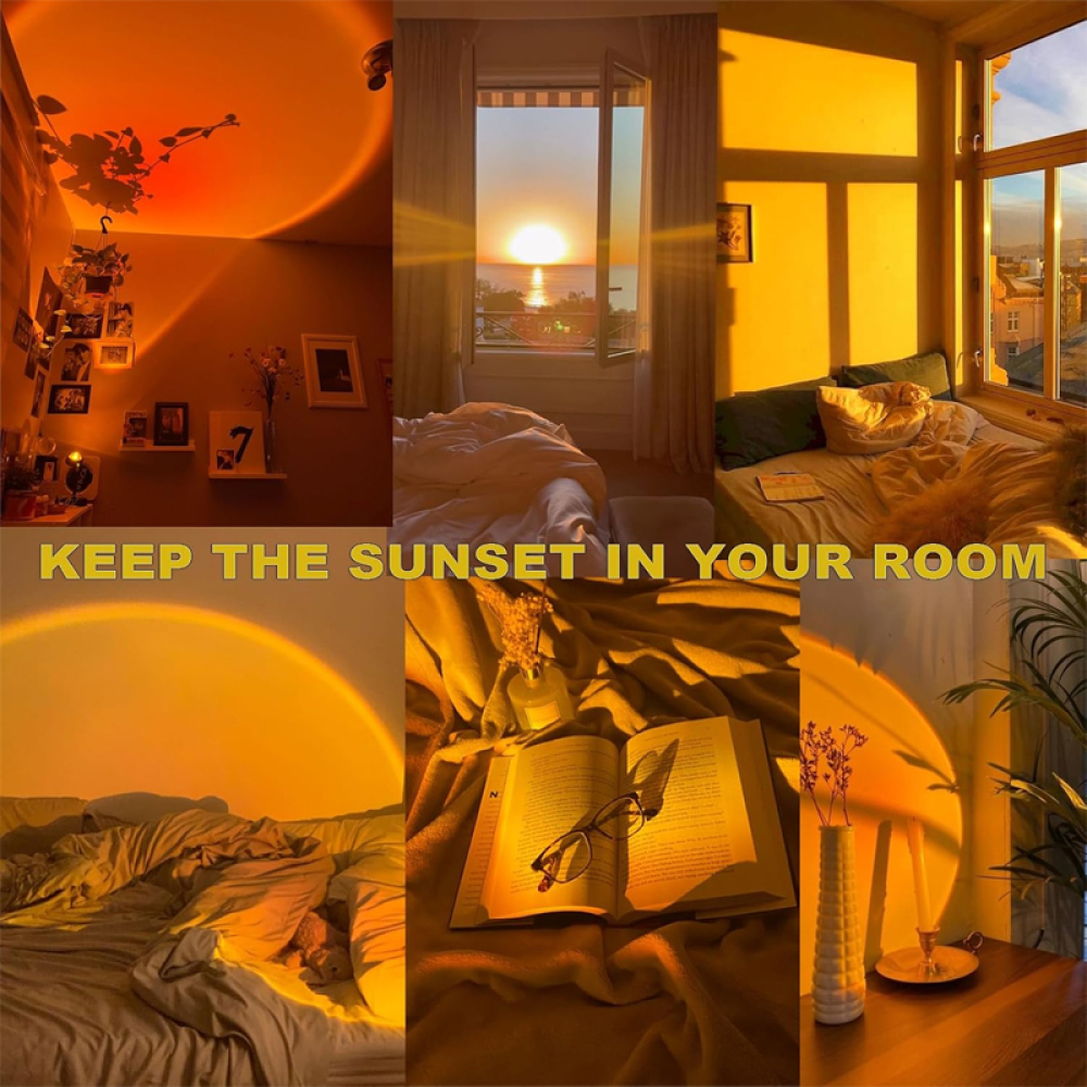 Collage zeigt Räume, die von Sonnenuntergangseffektlampen beleuchtet werden. Enthält Bett, Fensterblick auf Sonnenuntergang, Lesen und Wanddekoration. Gelbes Licht.