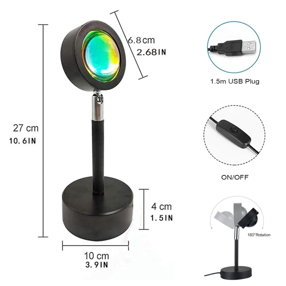 Schwarze Sonnenuntergangslampe mit Maßangaben. Enthält USB-Stecker, Ein-/Ausschalter und 180-Grad-Rotationsanzeige.